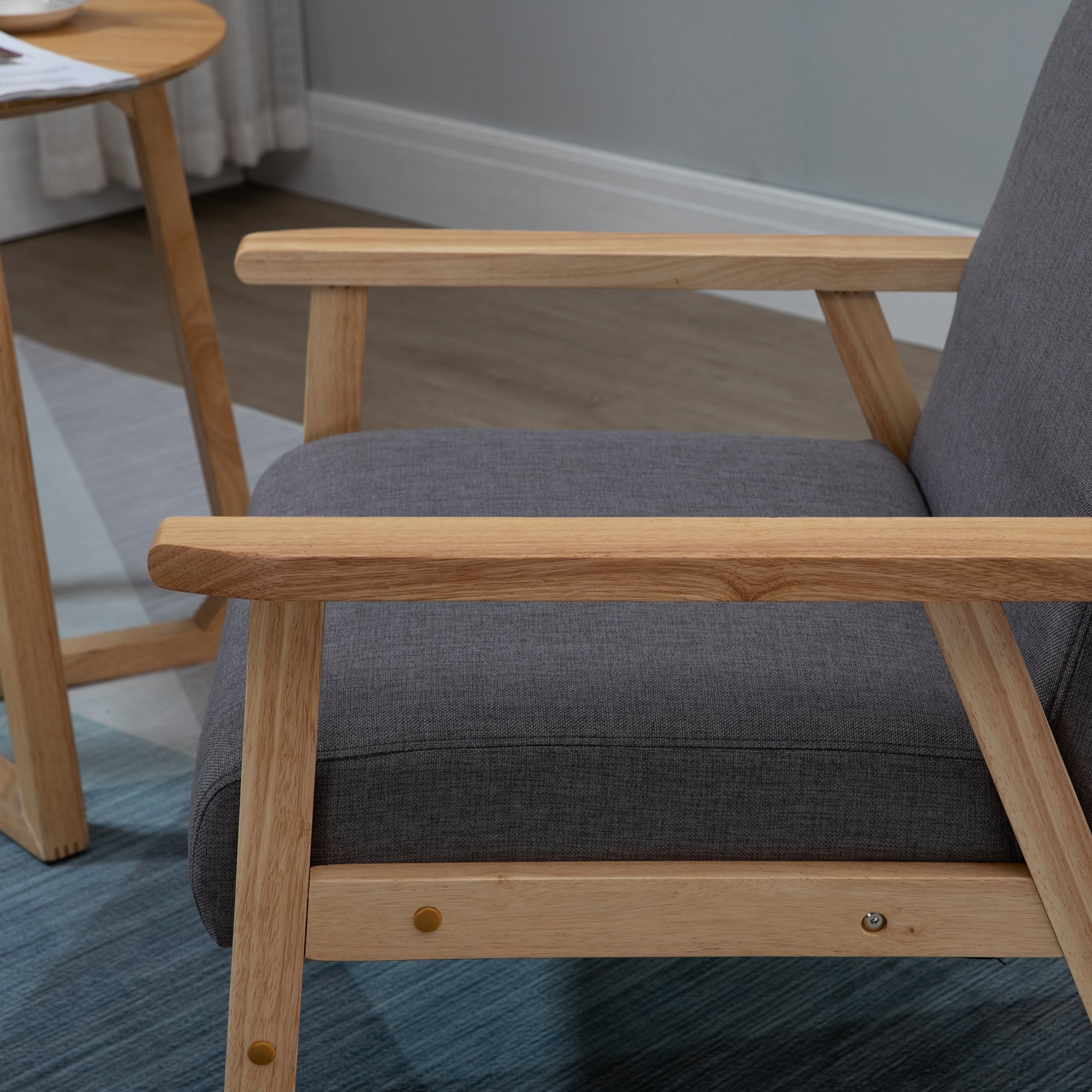 HOMCOM Sessel im Skandi-Design, Akzentsessel, Massivholz, Leinenoptik, 64 cm x 70 cm x 72 cm, Grau + Natur