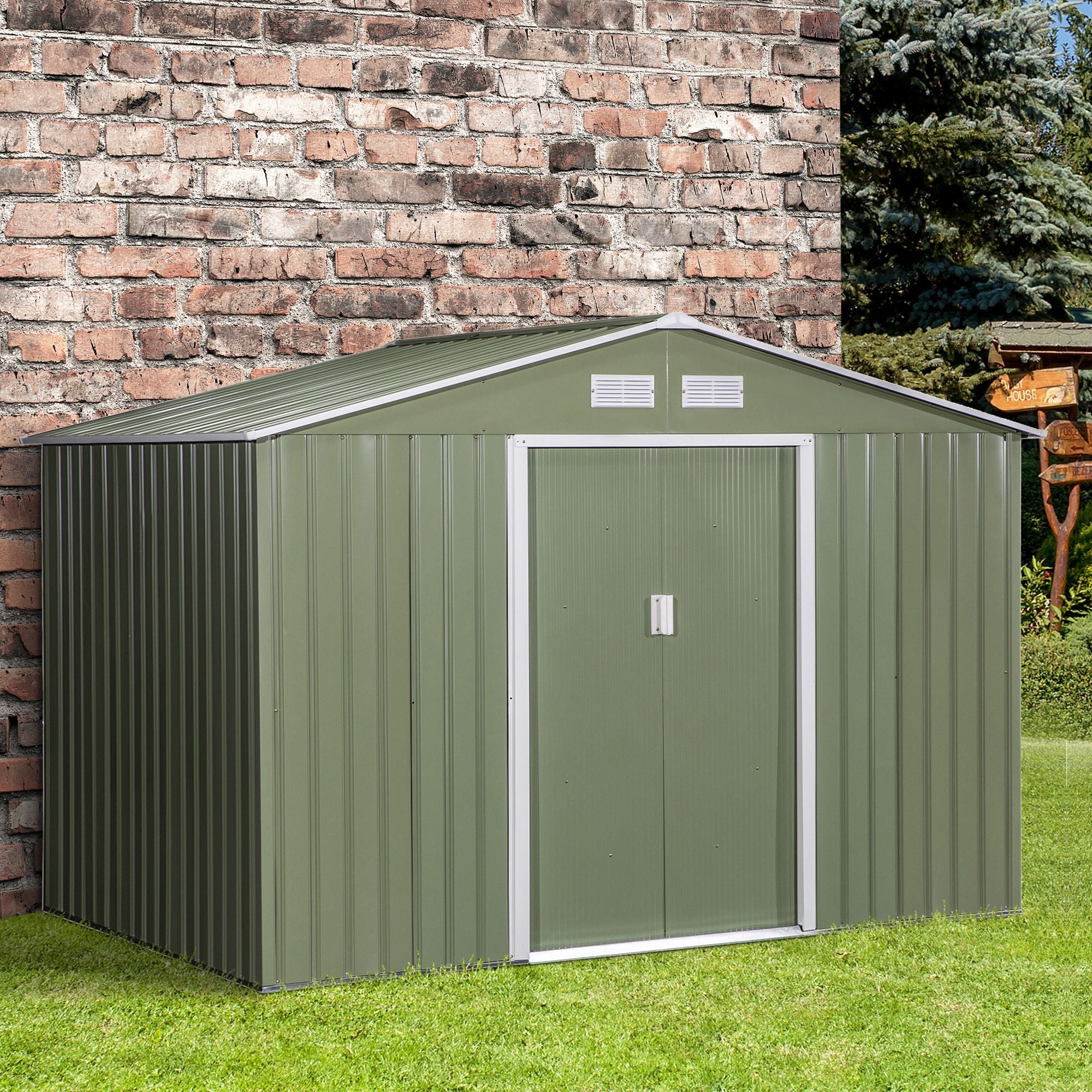 Outsunny Geräteschuppen mit Schiebetüren 2,77 x 1,95 x 1,92cm Metall Hellgrün