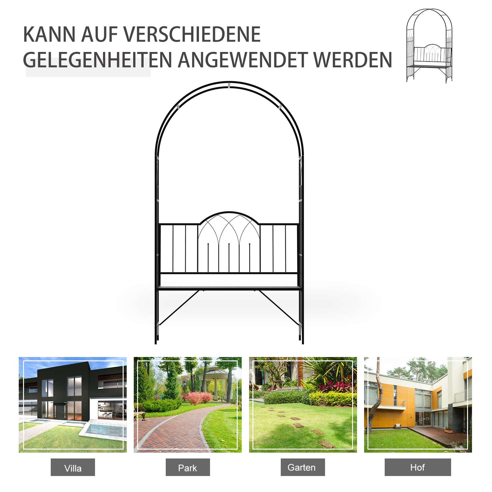 Outsunny Rosenbogen mit Bank Rosenbank Laubenbank Philosophenbank Rankgitter Rankhilfe Gartenbank Metall Schwarz 115 x 59 x 203 cm