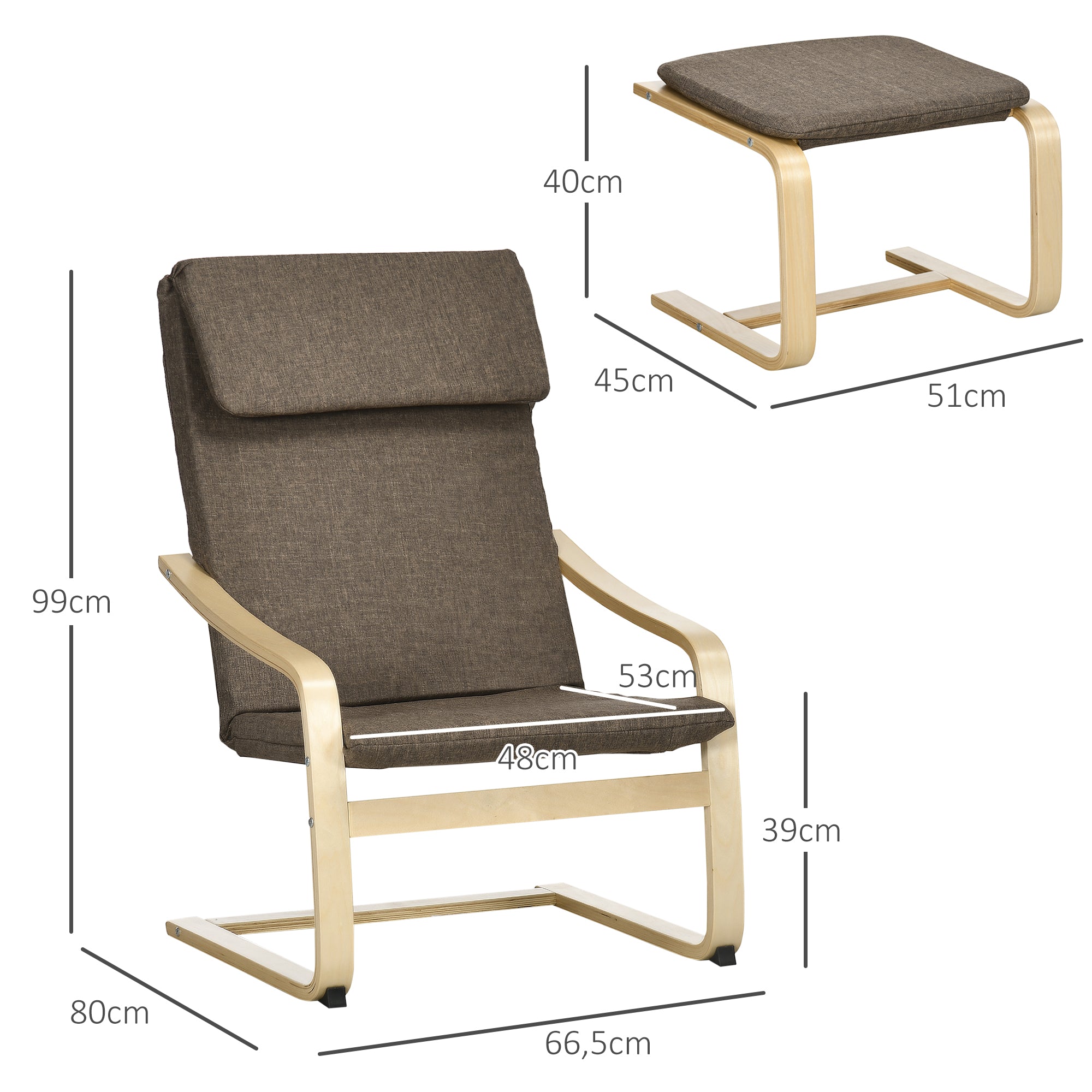 HOMCOM Sessel mit Fußhocker, Sessel-Set, Leinenoptik, Massivholz, Braun + Natur