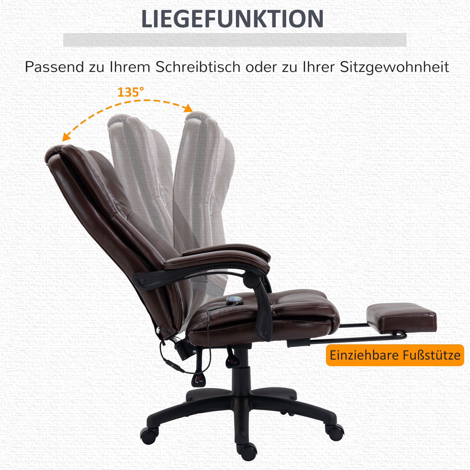 Vinsetto Verstellbarer Drehstuhl mit Fußstütze, Kopfstütze, Massagefunktion, Kunstleder, 68,5x68,5x113-121cm, Braun