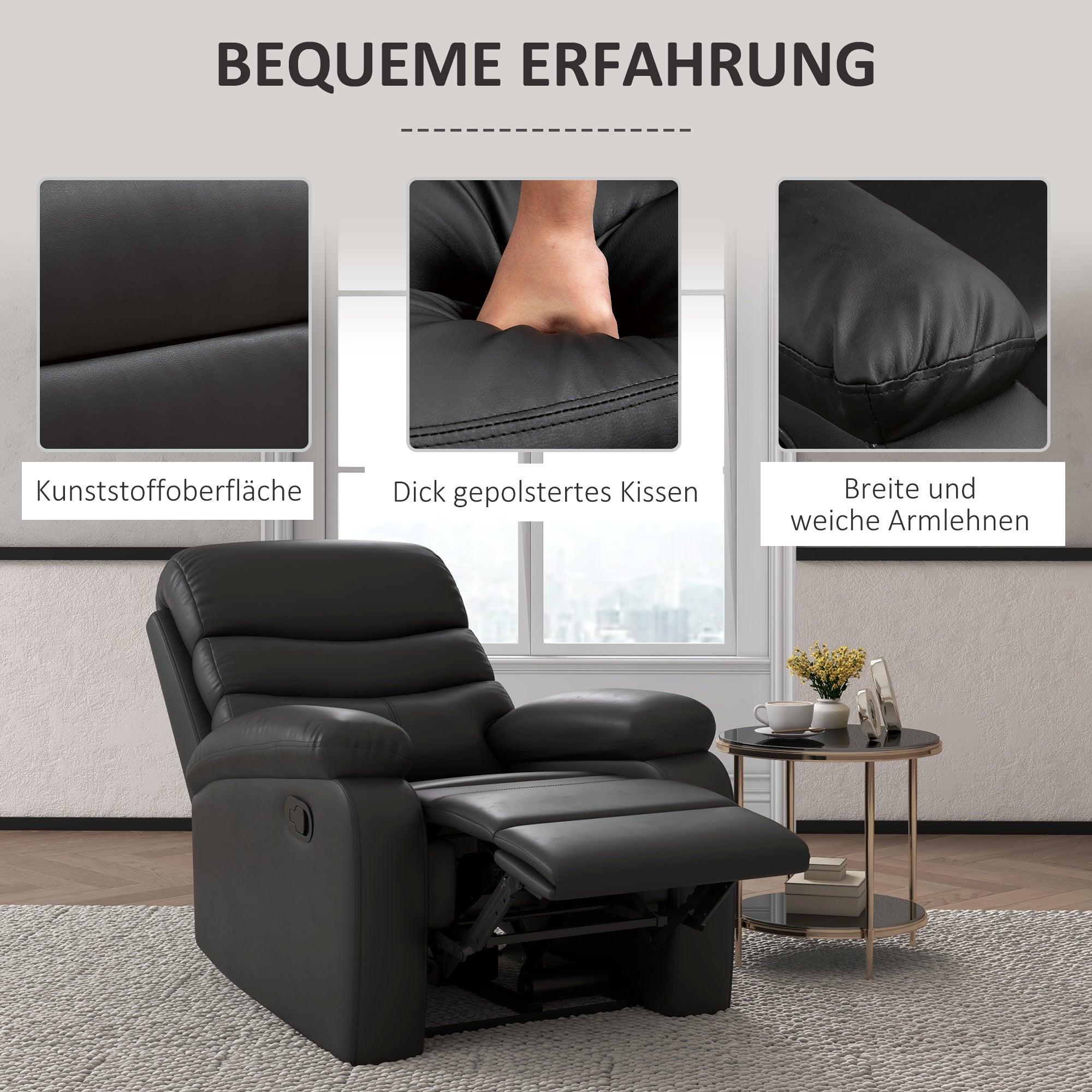 HOMCOM Relaxsessel Liegesessel, Liegefunktion, inkl. Fußstütze, 78 cm x 90 cm x 105 cm, Schwarz