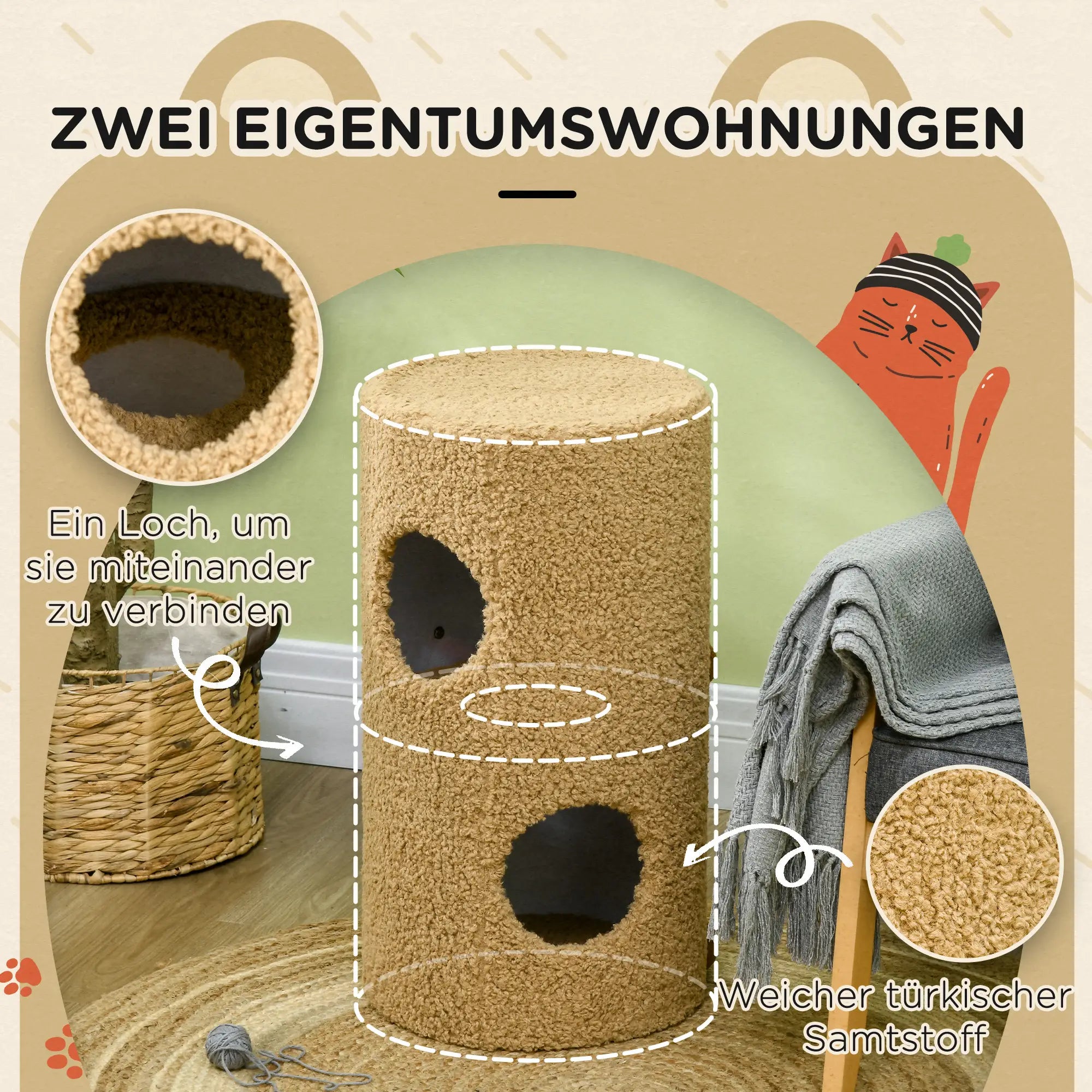 PawHut Kratztonne im Bärendesign, 2 Katzenhöhlen, 1 Kratzfläche, Weiß + Braun