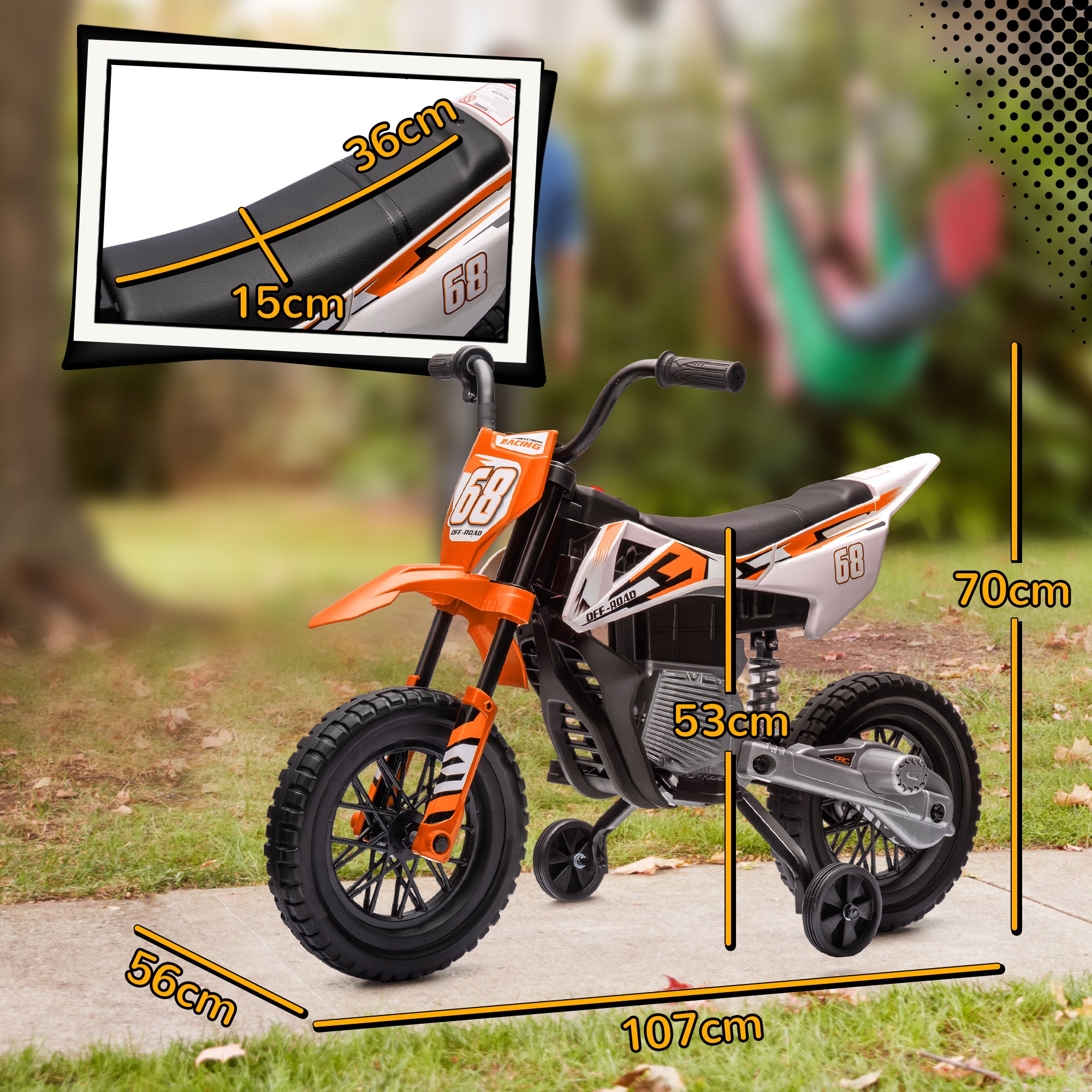 AIYAPLAY Elektro-Motorrad für Kinder, 12V Kindermotorrad mit Musik, Kinderfahrzeug mit Trainingsrädern, 3-6 Jahre, Orange