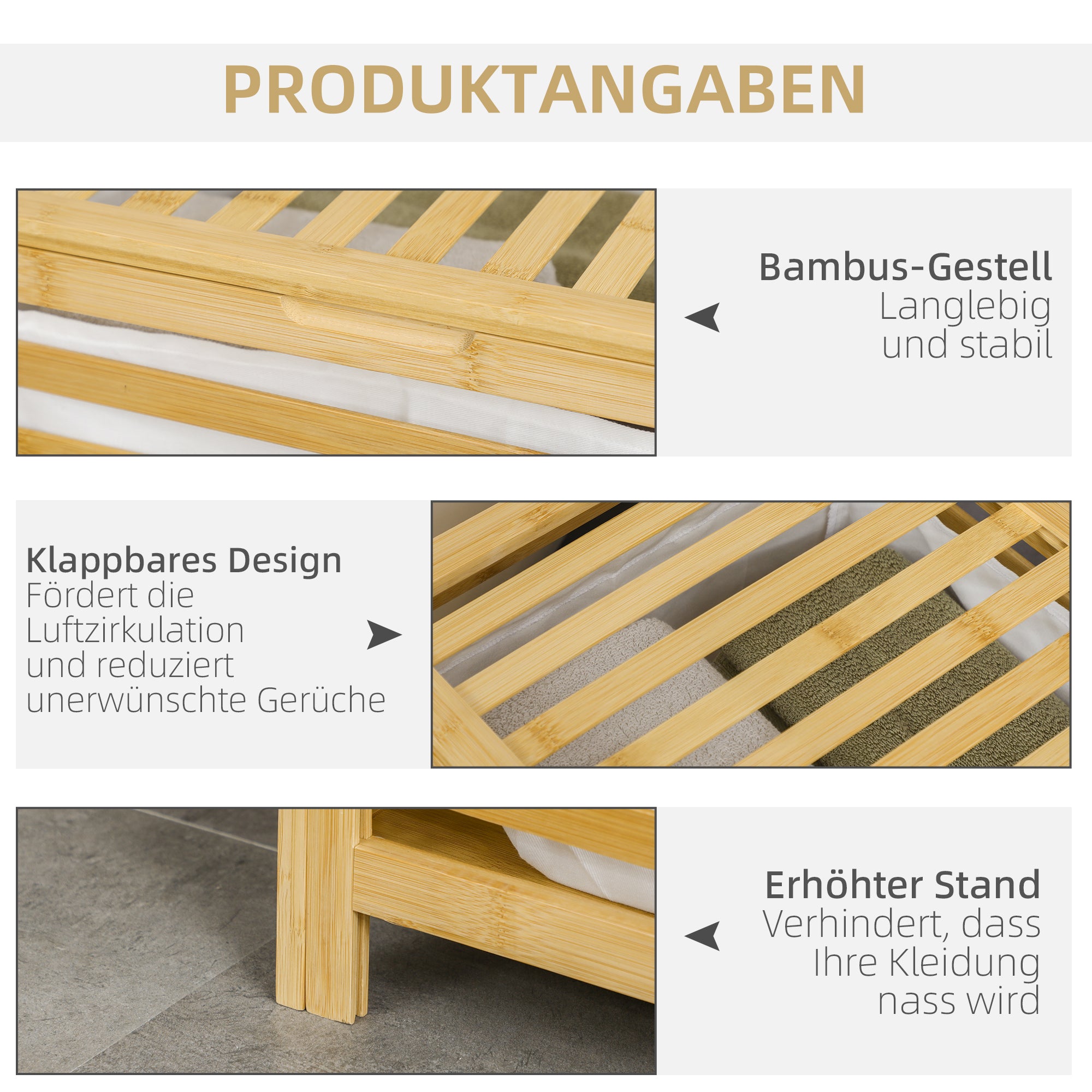 HOMCOM Wäschekorb aus Bambus, herausnehmbarer Wäschesack, wasserbeständig, Natur + Beige