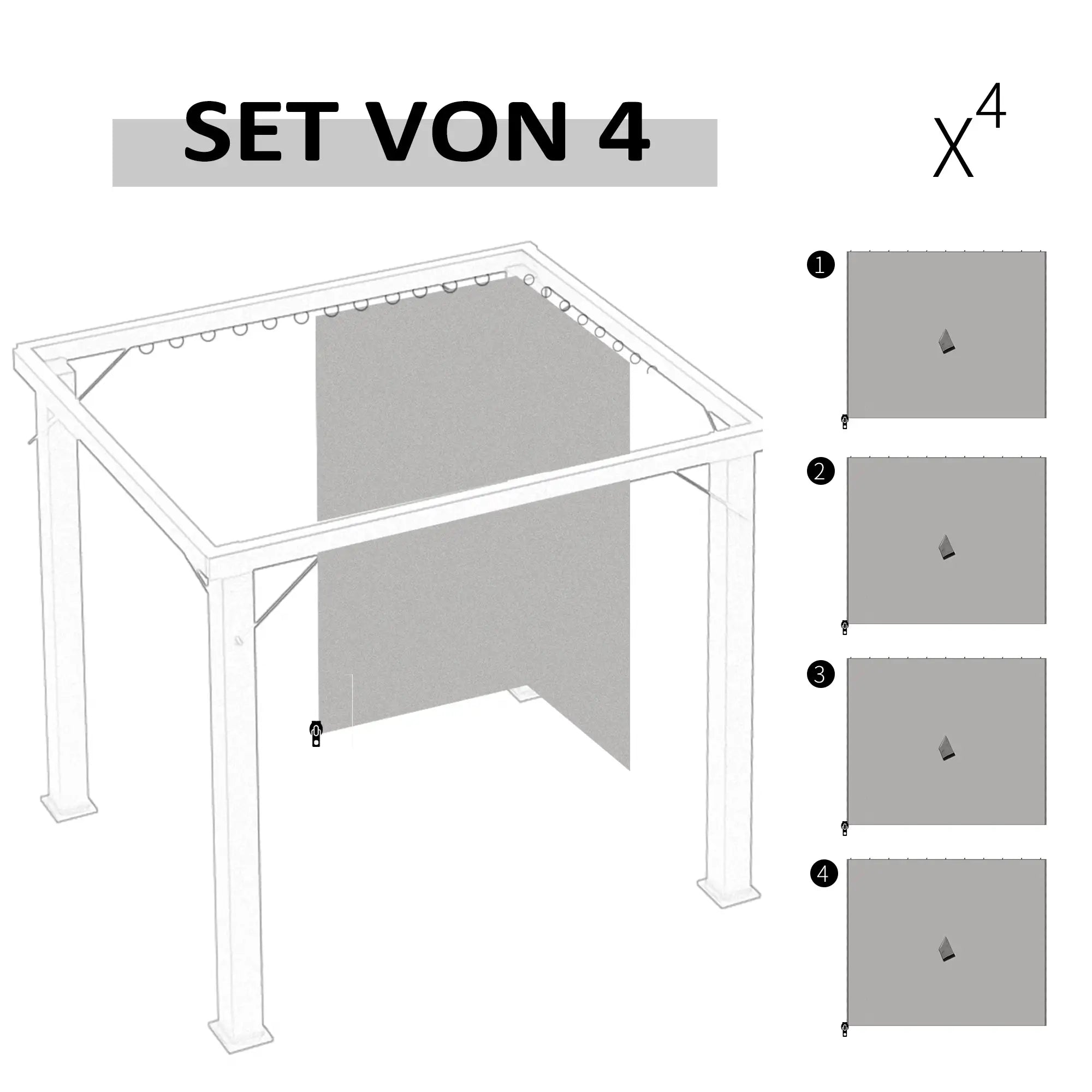 4 Seitenteile 3x3 m für Pavillon, hellgrau, mit Haken