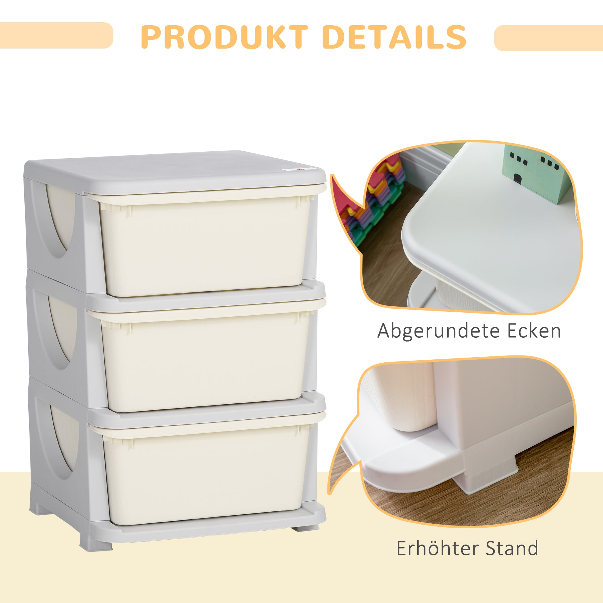 HOMCOM Aufbewahrungsboxen für Kinder, 3 große Schubladen, runde Kanten, Kunststoff, 37x37x56,5 cm, Cremeweiß