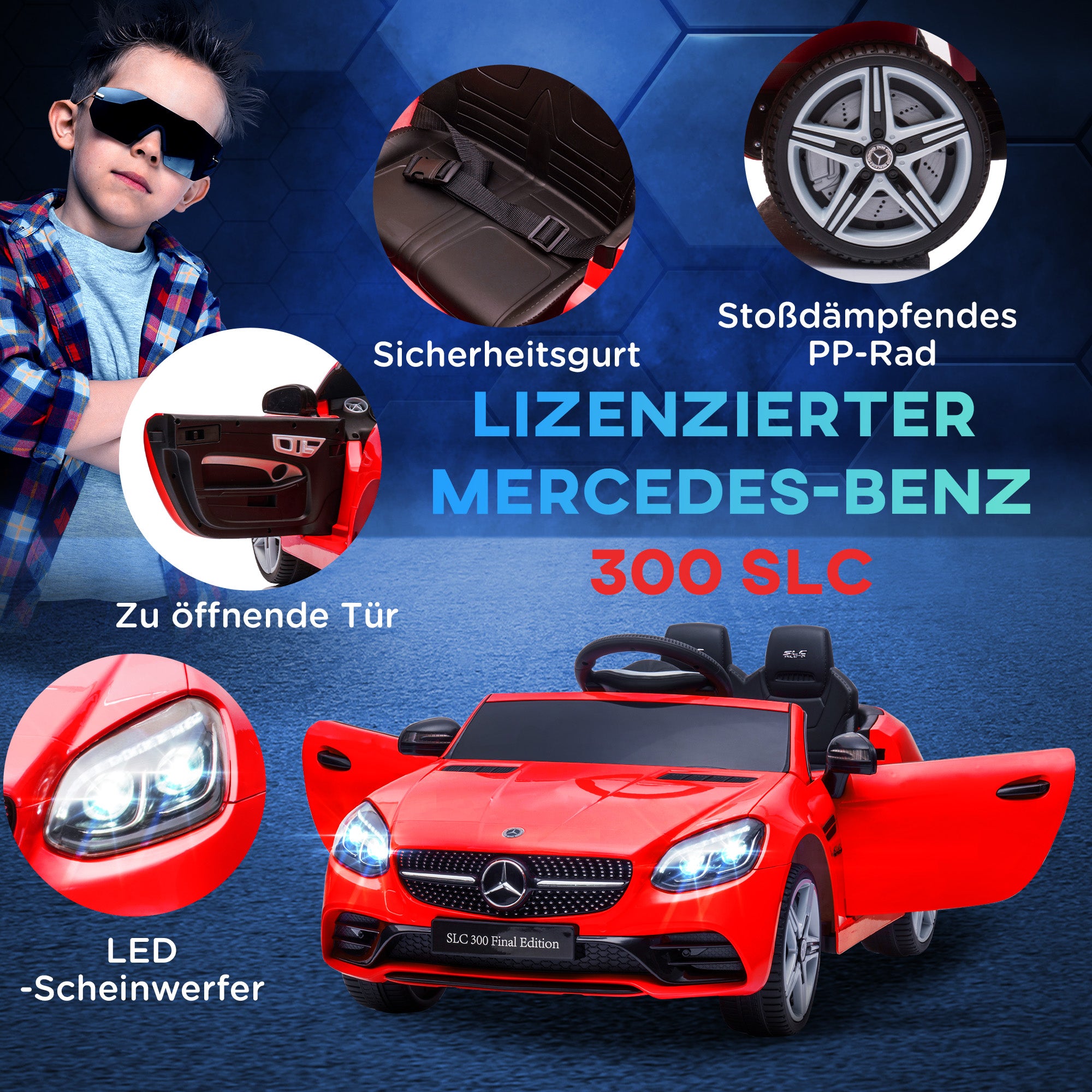 AIYAPLAY Kinder-Elektroauto mit LED-Scheinwerfern, Sicherheitsgurt, Hupe, Musik, 3-5 km/h, 3-6 Jahre, Rot