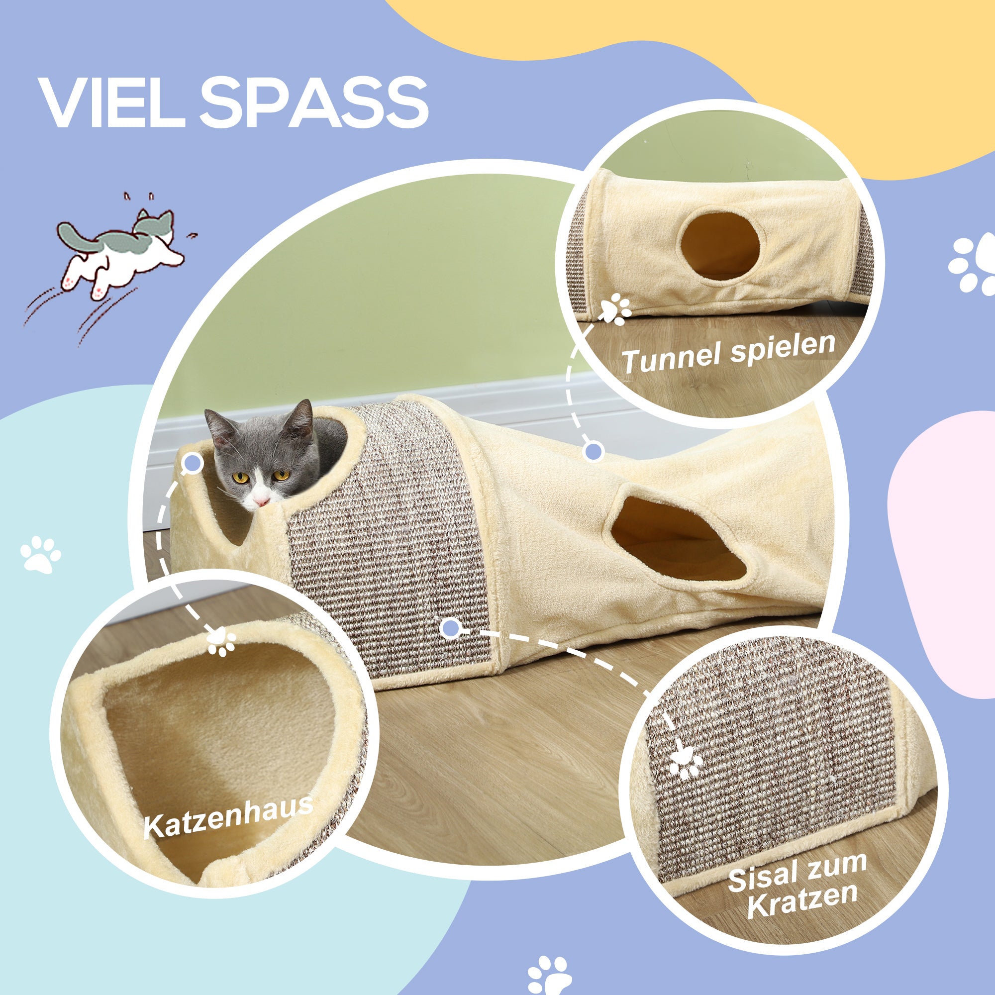 PawHut Katzentunnel mit 3 Öffnungen, plüschig, Sisal-Kratzseil, 107x38x29 cm, Beige/Grau