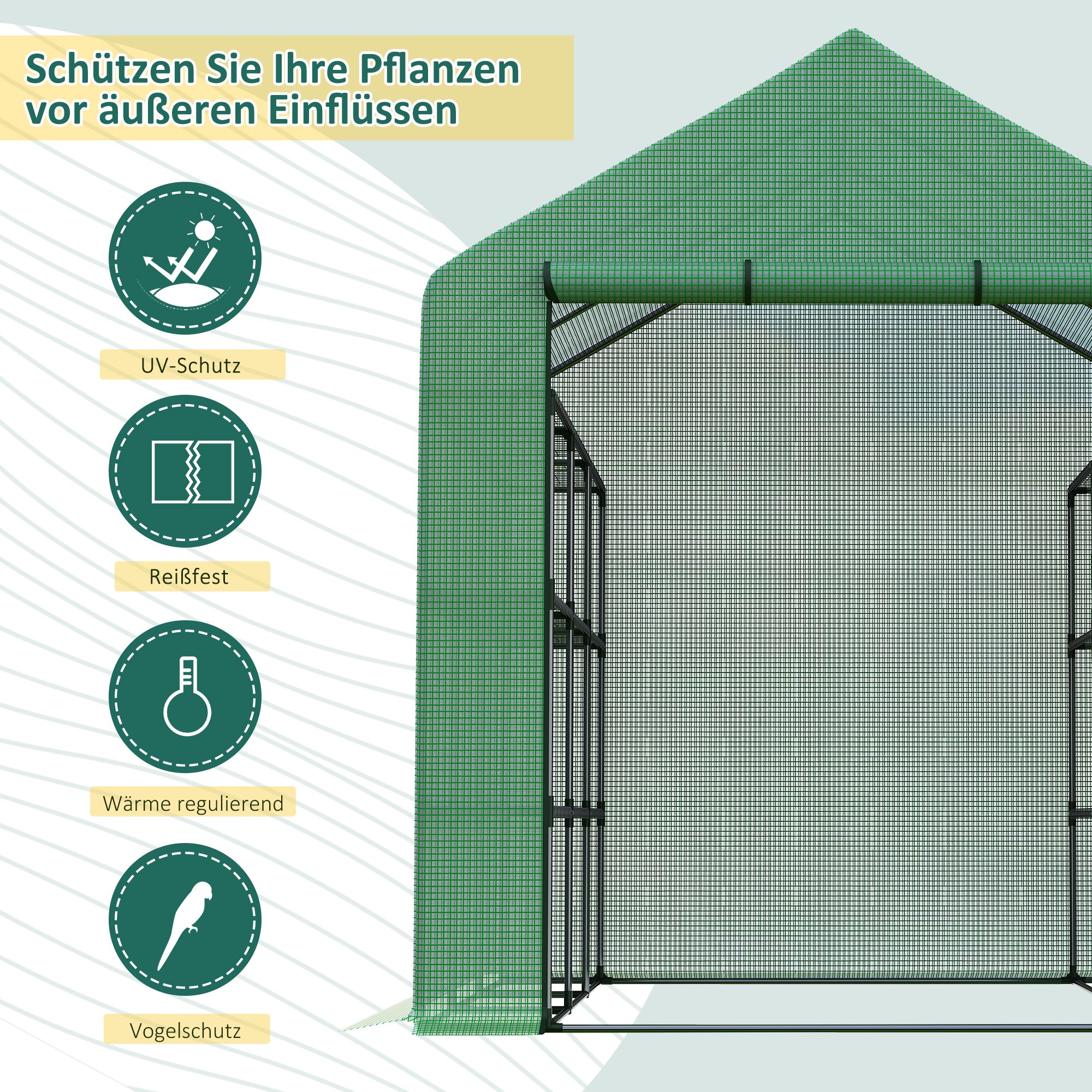Outsunny Foliengewächshaus begehbares Gewächshaus mit 8 Regalebenen Tomatengewächshaus Treibhaus Frühbeet mit Tür Grün Stahl PE-Kunststoff 244 x 180 x 210 cm