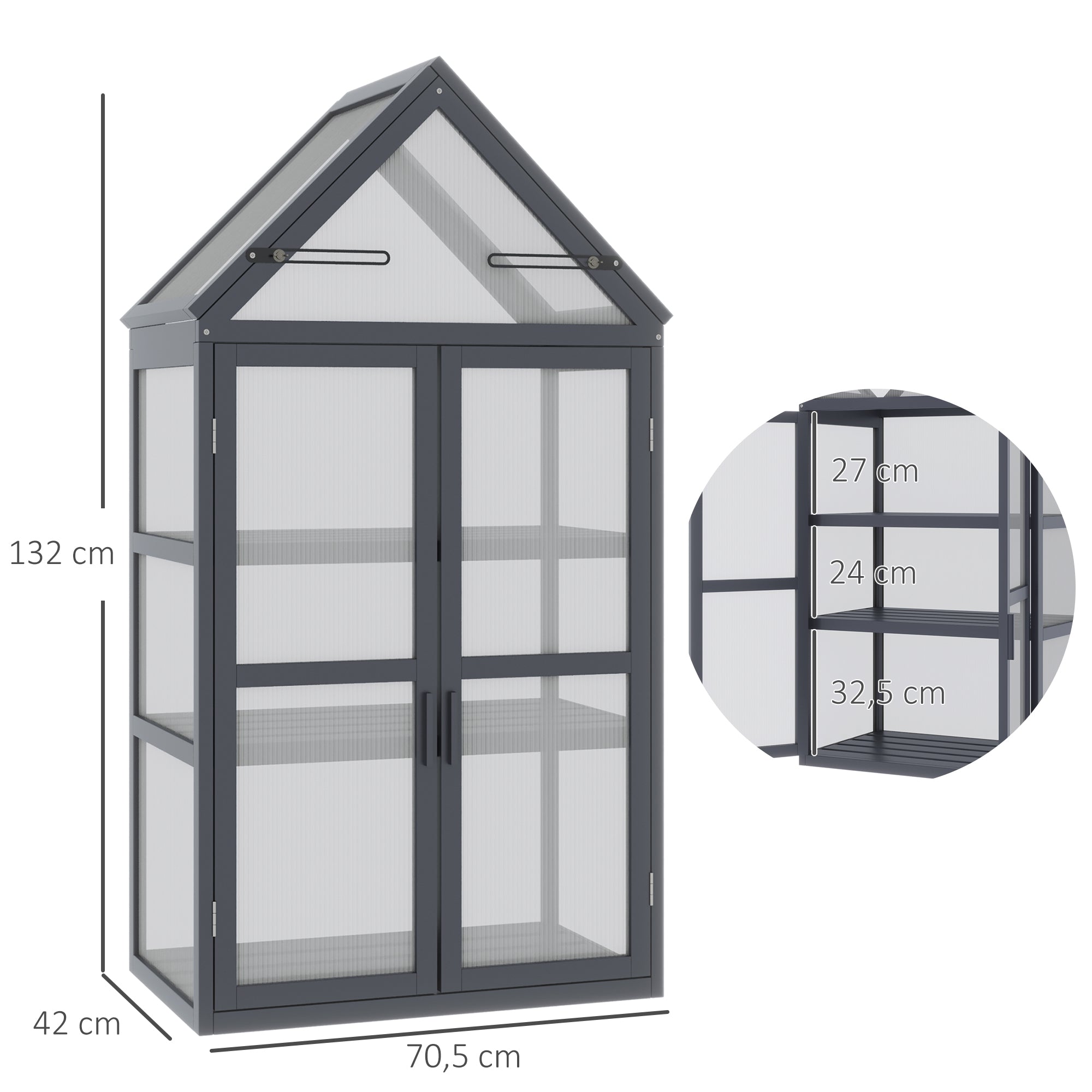 Outsunny Frühbeet Mini Gewächshaus 3 Ebenen Treibhaus Pflanzenbeet mit aufklappbarem Dach Doppeltüren aus Holz Polycarbonat wetterfest Natur 70,5 x 42 x 132 cm