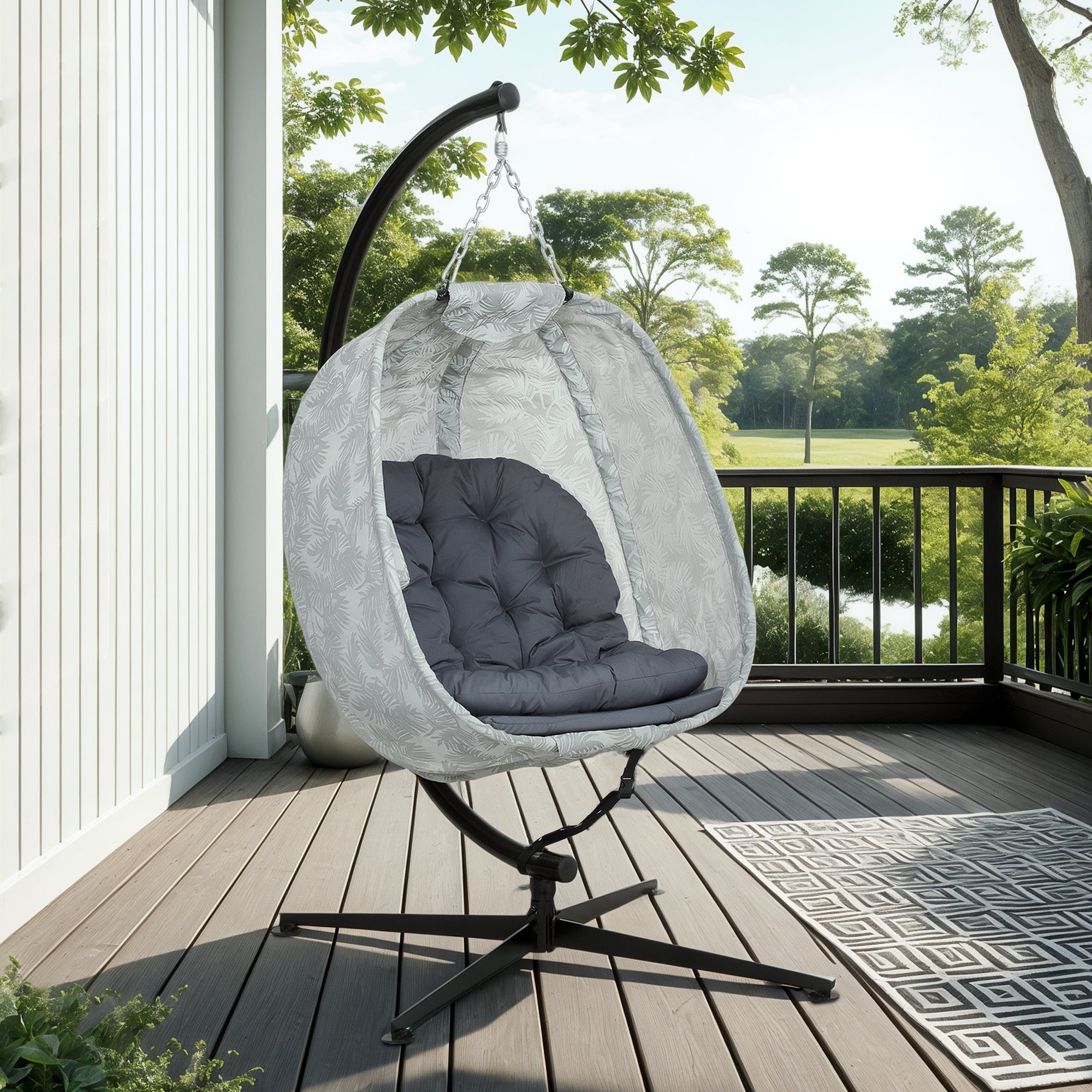 Outsunny Eiförmiger Hängesessel für den Außenbereich, Hängeschaukel mit Gestell, Sitzpolstern Indoor Outdoor