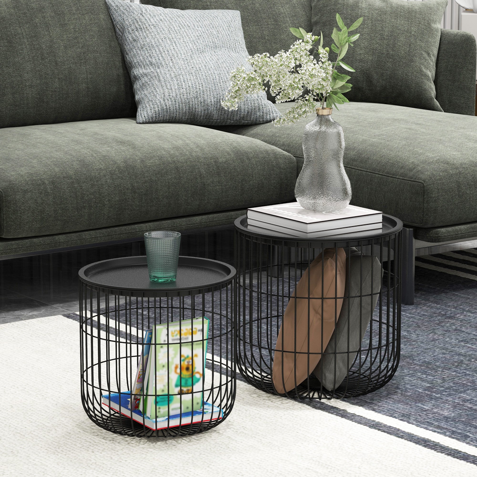 HOMCOM 2er-Set Beistelltische im Skandidesign, mit Stauraum, stapelbar, Schwarz