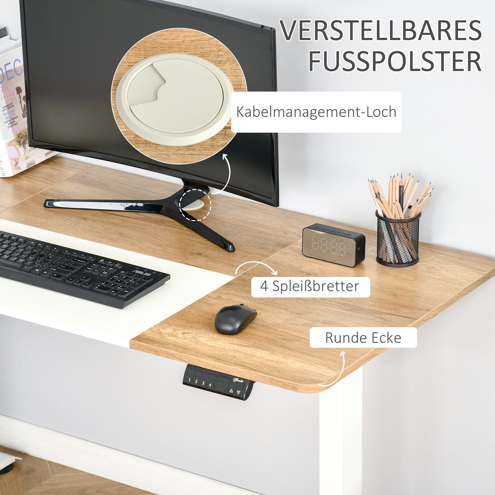 Vinsetto Höhenverstellbarer Schreibtisch Elektrisch 140 x 70 cm Computertisch mit 4 Memory-Steuerung, 4 tlg. Tischplatte, Steh-Sitz Tisch mit Anti-Kollision, Überhitzungsschutz Weiß