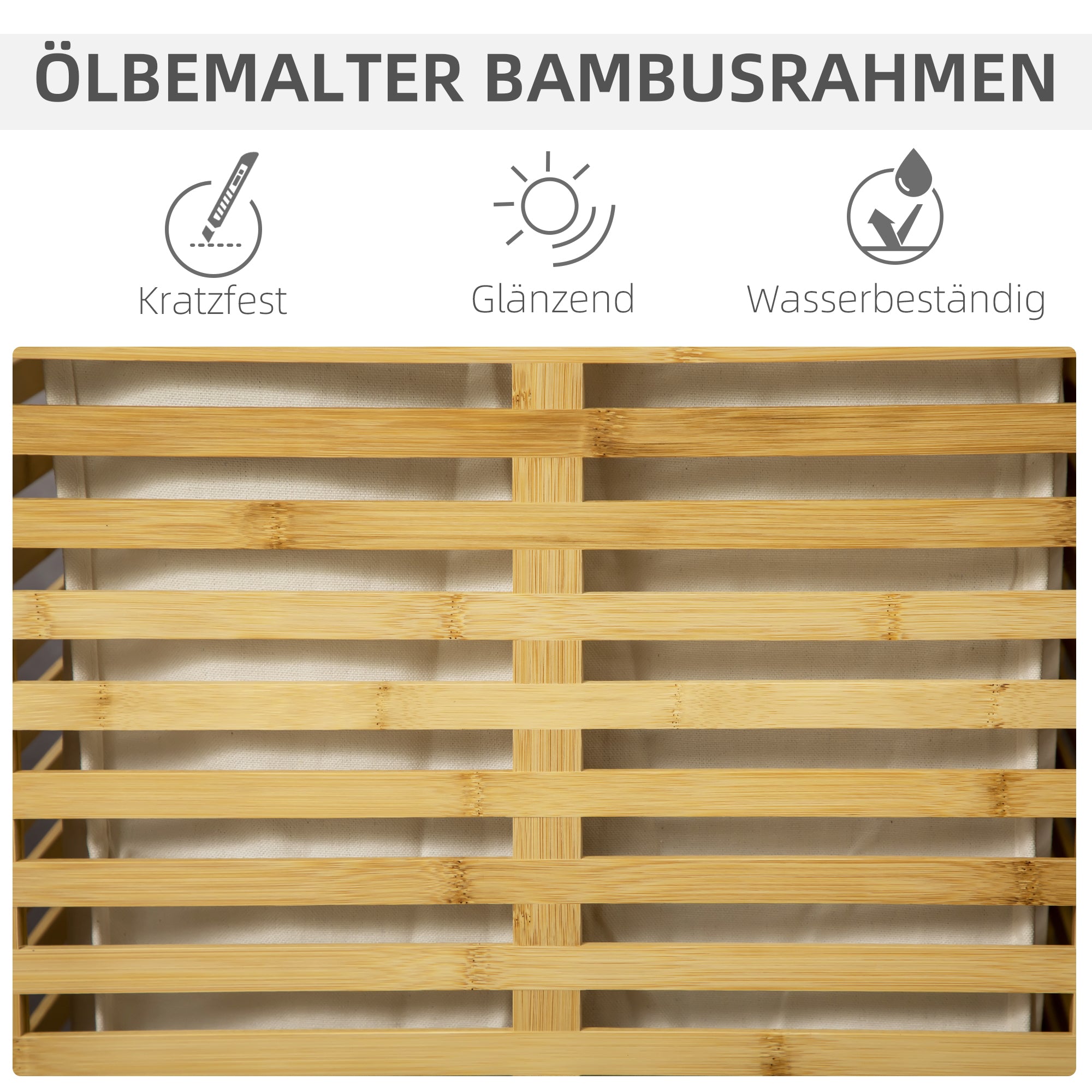 HOMCOM Bambus Wäschekorb mit 63 L Wäschesammler mit Deckel Wäschesack, Stange 44 x 37 x 62,5 cm Naturholz