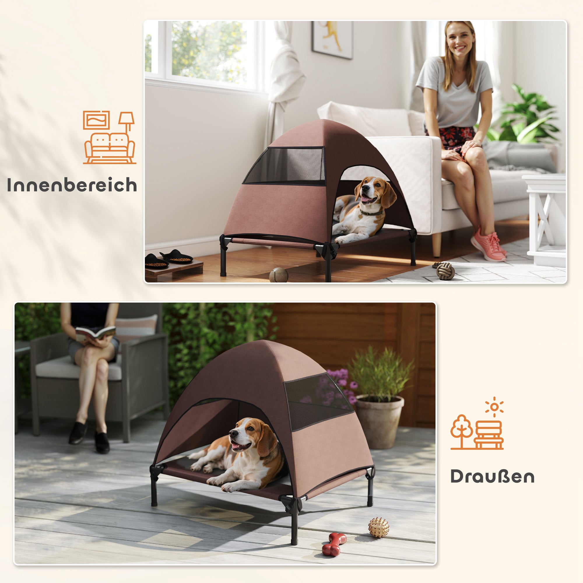 PawHut Hundeliege Outdoor mit Dach, Erhöhtes Hundebett für Mittelgroße Hunde, 76 x 61 x 71cm, Kaffee