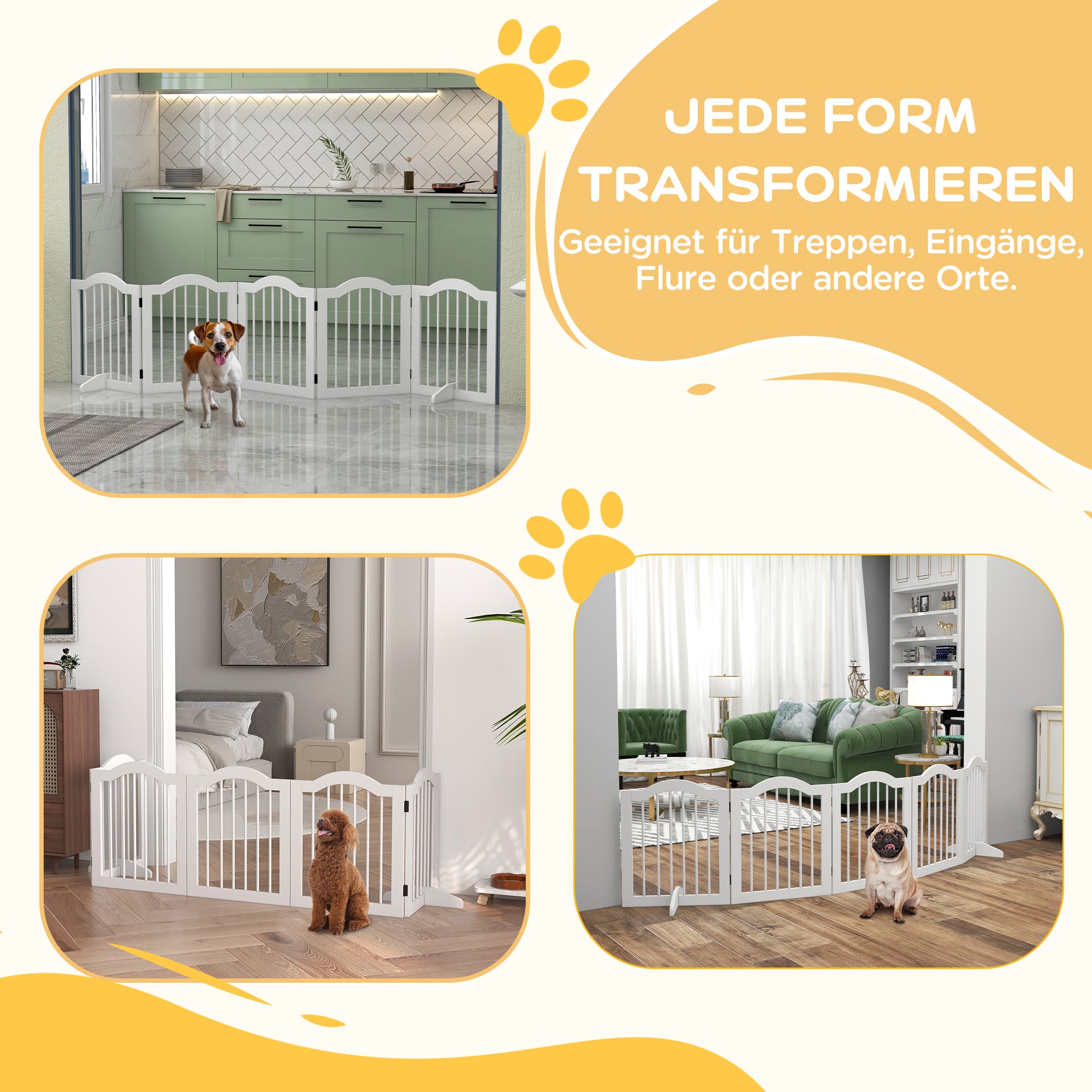 PawHut Hunde-Absperrgitter, 5 Paneele, klappbar, flexibel, Massivholz/MDF, 254,5x29,5x61 cm, Weiß