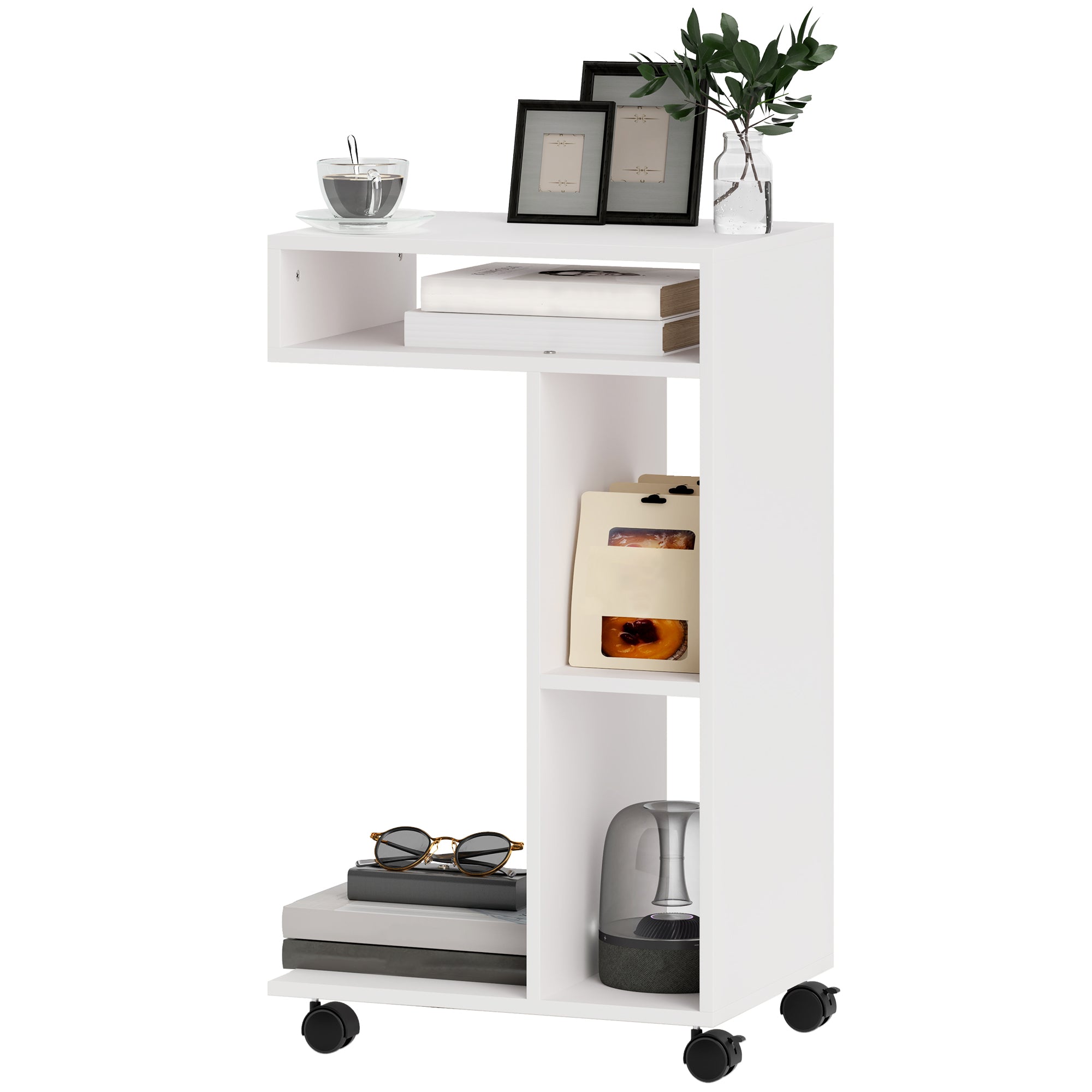 HOMCOM Beistelltisch, C-förmiger Servierwagen, 4 Rollen, 3 Fächer, 40 x 30 x 69 cm, Weiß