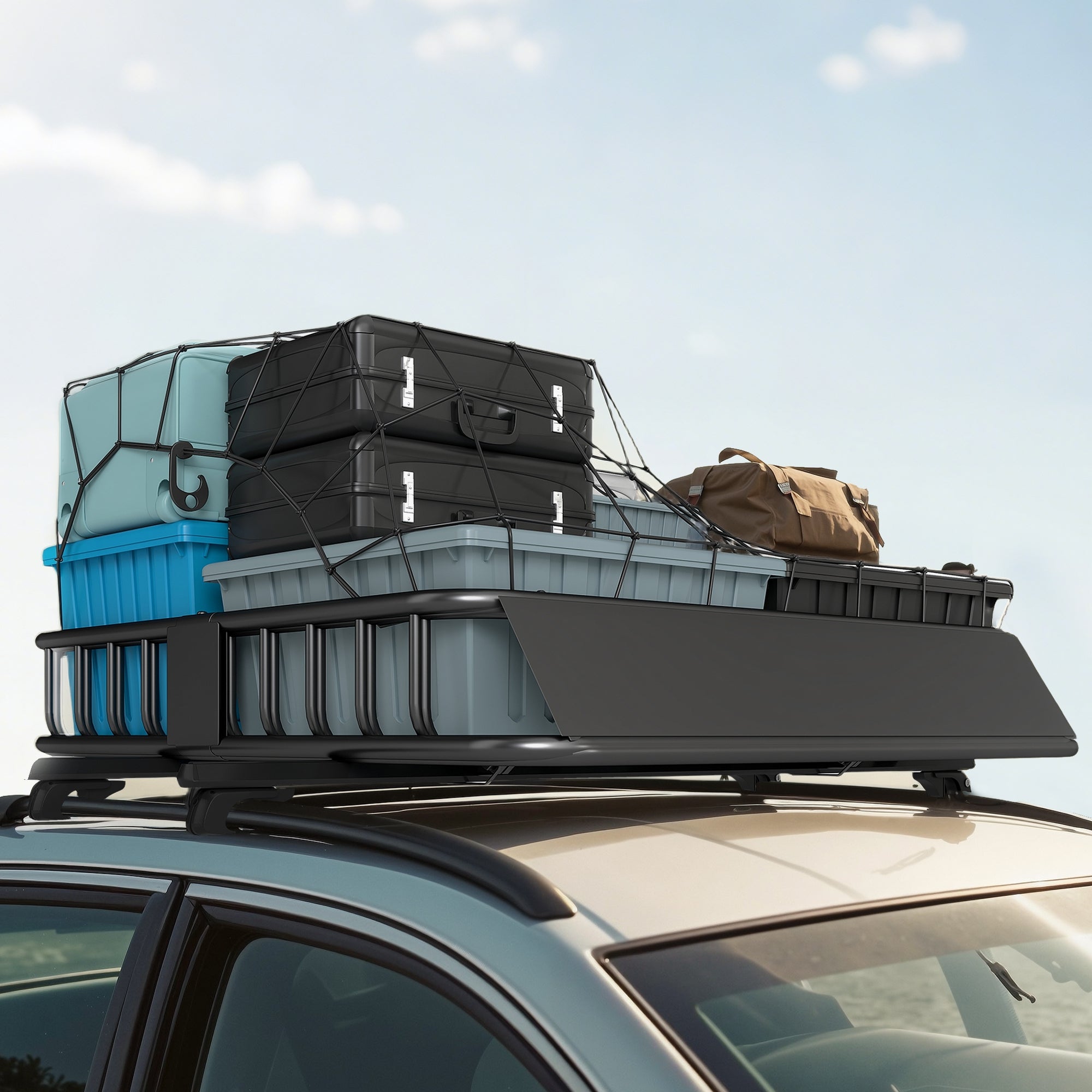 HOMCOM Dachgepäckträger für Autos, Autodach-Korb, 90,7 kg Tragkraft, Dachträger mit Windabweiser, Stahlrohre, Schwarz