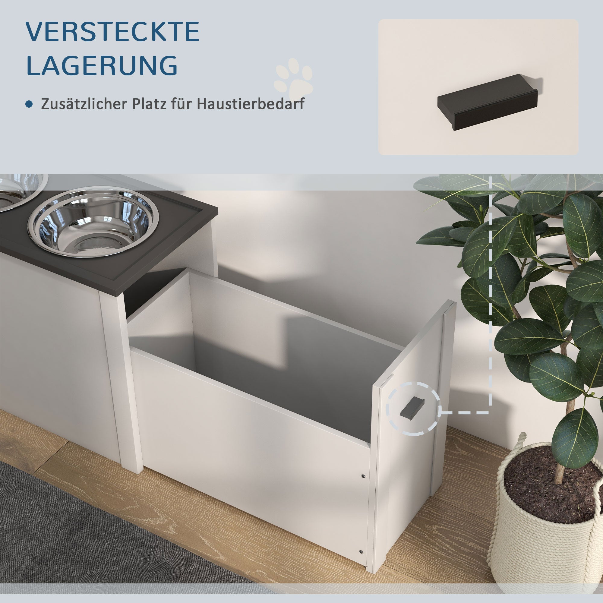 PawHut Futterstation Erhöhte Fressnäpfe 1 Stauraum 2 Edelstahl-Futternäpfe, 60 x 30 x 42cm, Weiß + Grau