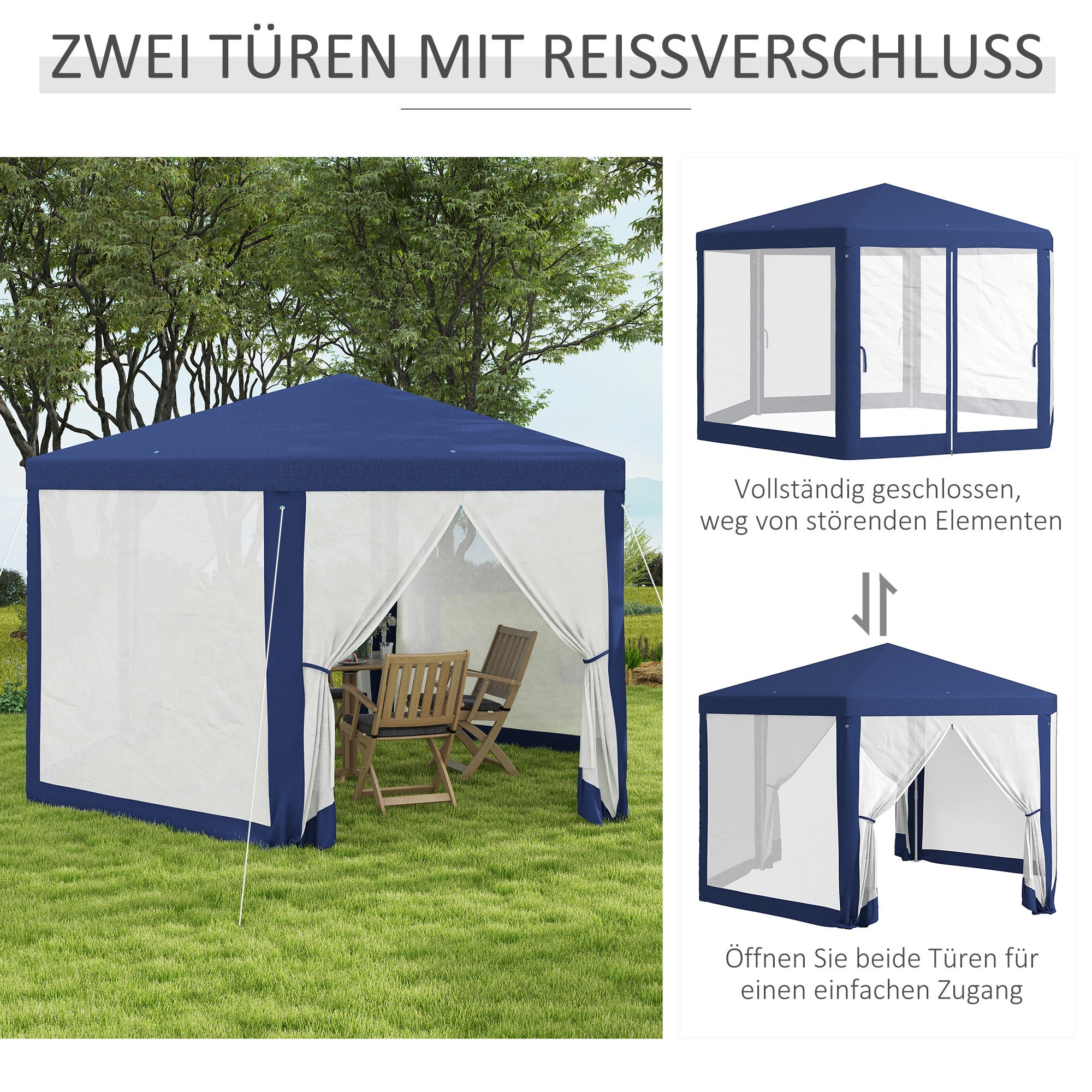 Outsunny Gartenpavillon, 6-eckig, Netzvorhänge, Metallgestell, 3,94x3,412x2,5m, Blau
