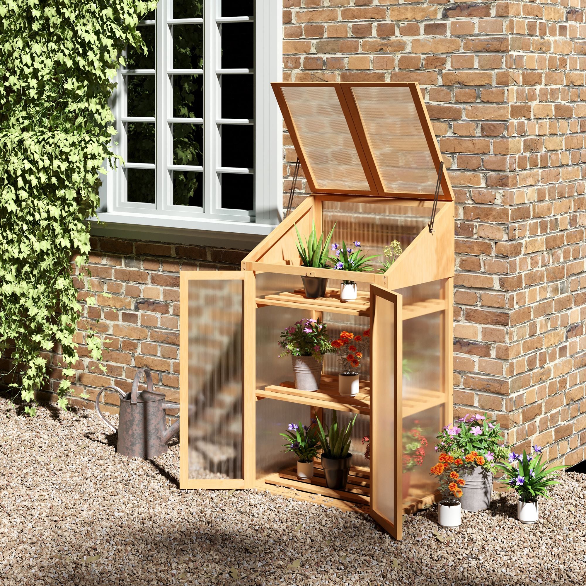 Outsunny Mini-Gewächshaus, kleines Treibhaus mit Holzrahmen, Fenster und Doppeltür, 3 Regale, 70L x 50B x 120H cm, Braun