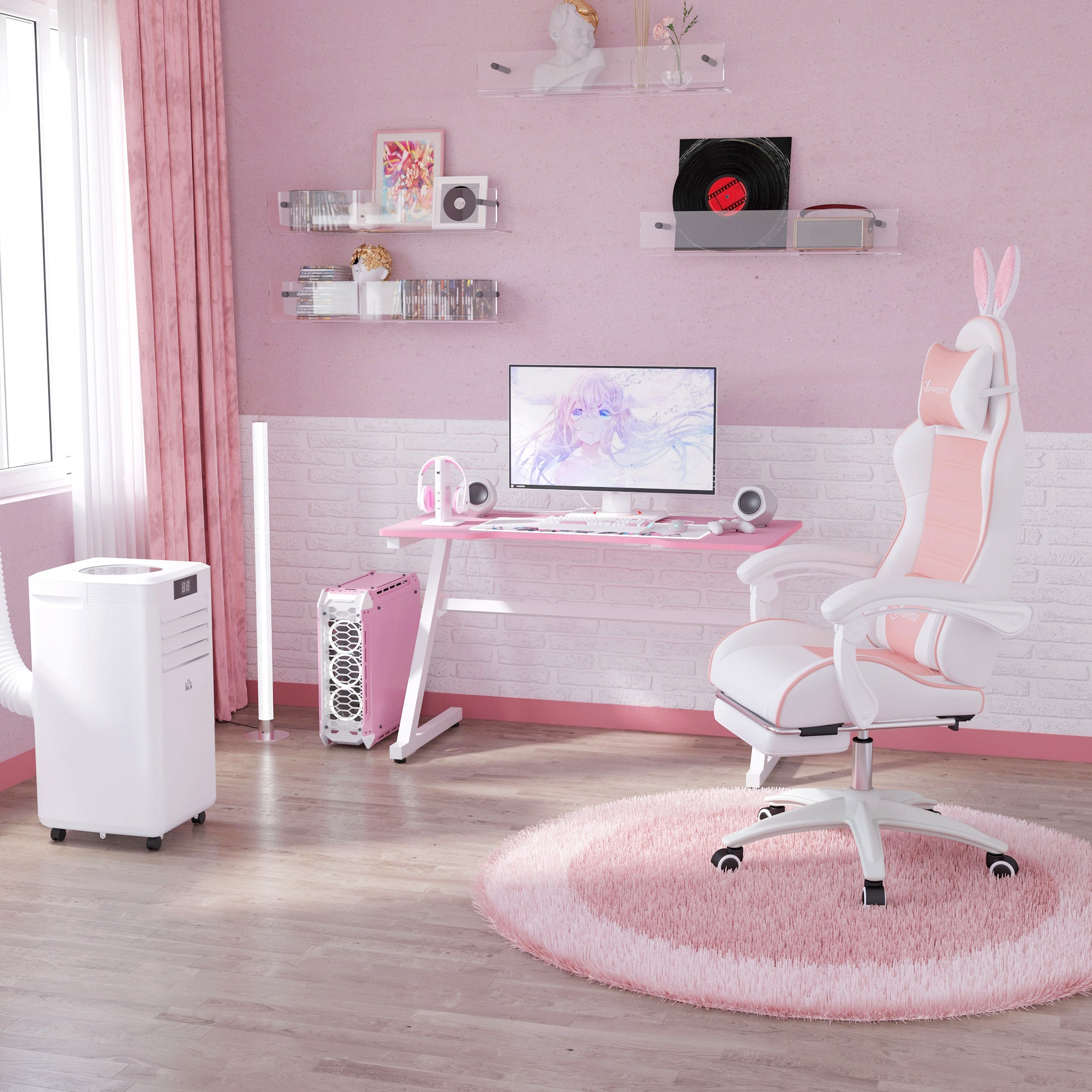 Vinsetto Gaming Stuhl Ergonomischer Gamer Stuhl mit Lendenwirbelstütze, Fußstütze Hasenohren Kopfkissen Rosa