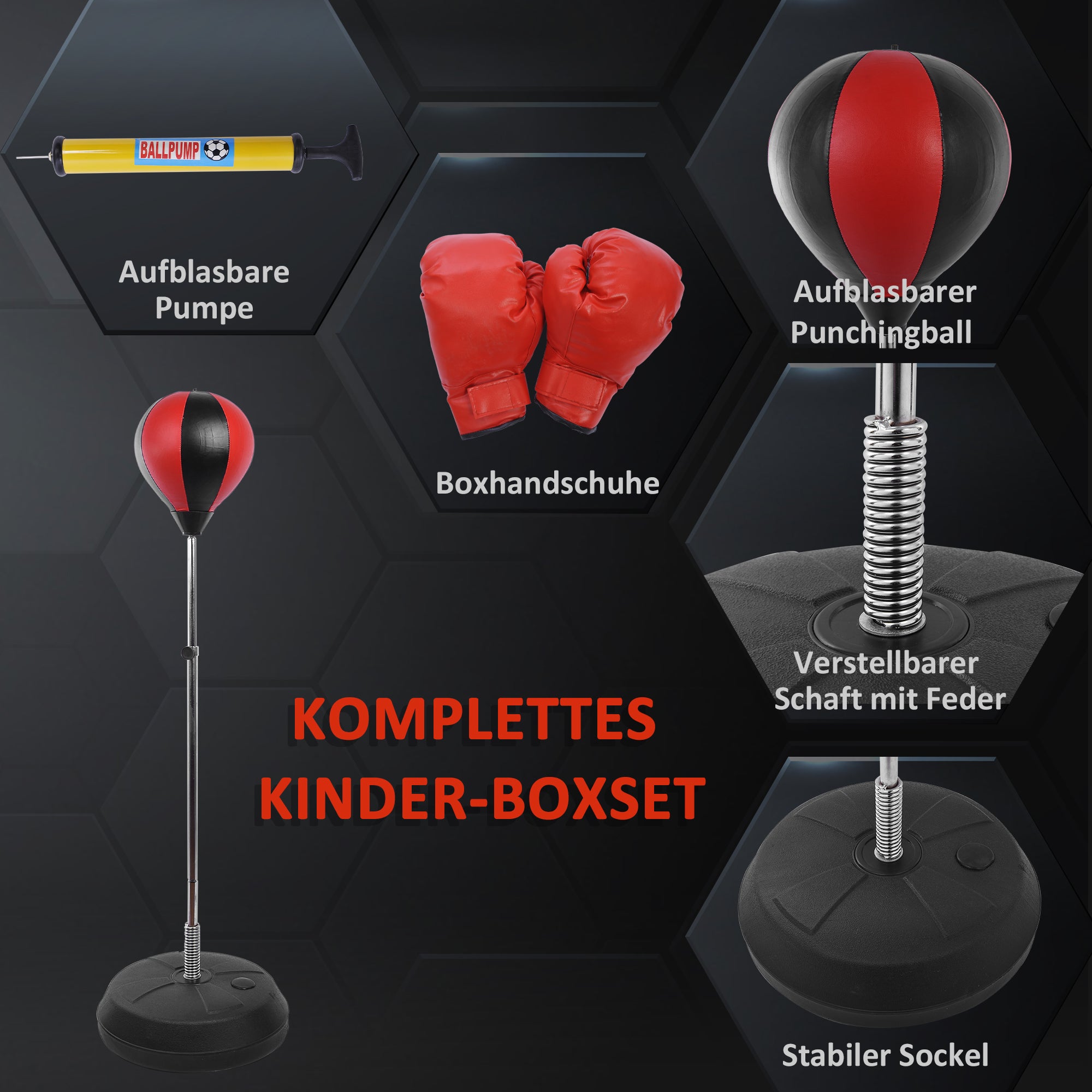 HOMCOM Punchingball Set Standbox Training Set 125/131/138/145cm höhenverstellbar mit 1 paar Handschuhe 1 Pump Geeignet für Profis und Anfänger Rot