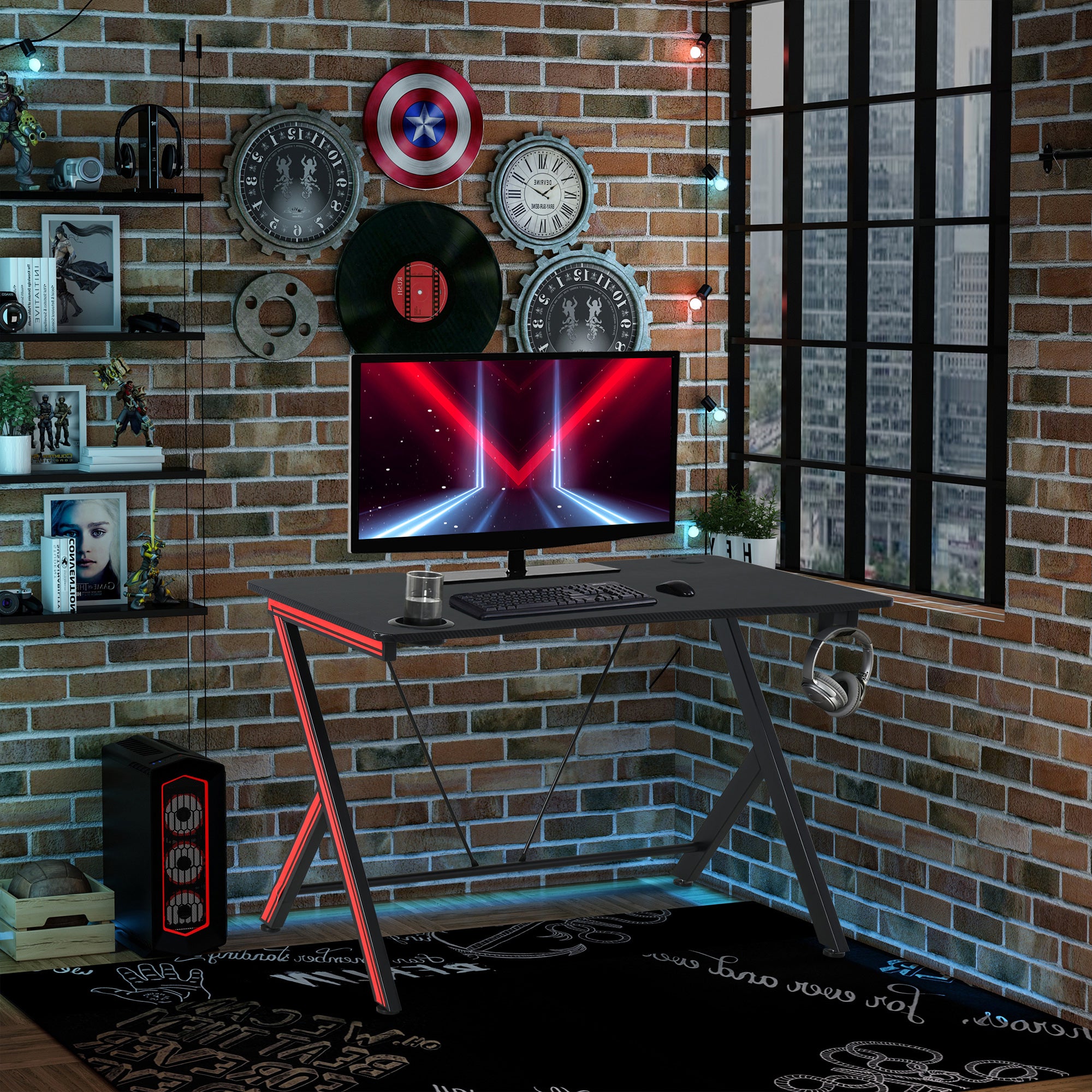 HOMCOM Gaming-Tisch Schreibtisch mit Kopfhörerhaken Getränkehalterung Computertisch Stahl + MDF Schwarz 105 x 55 x 75 cm