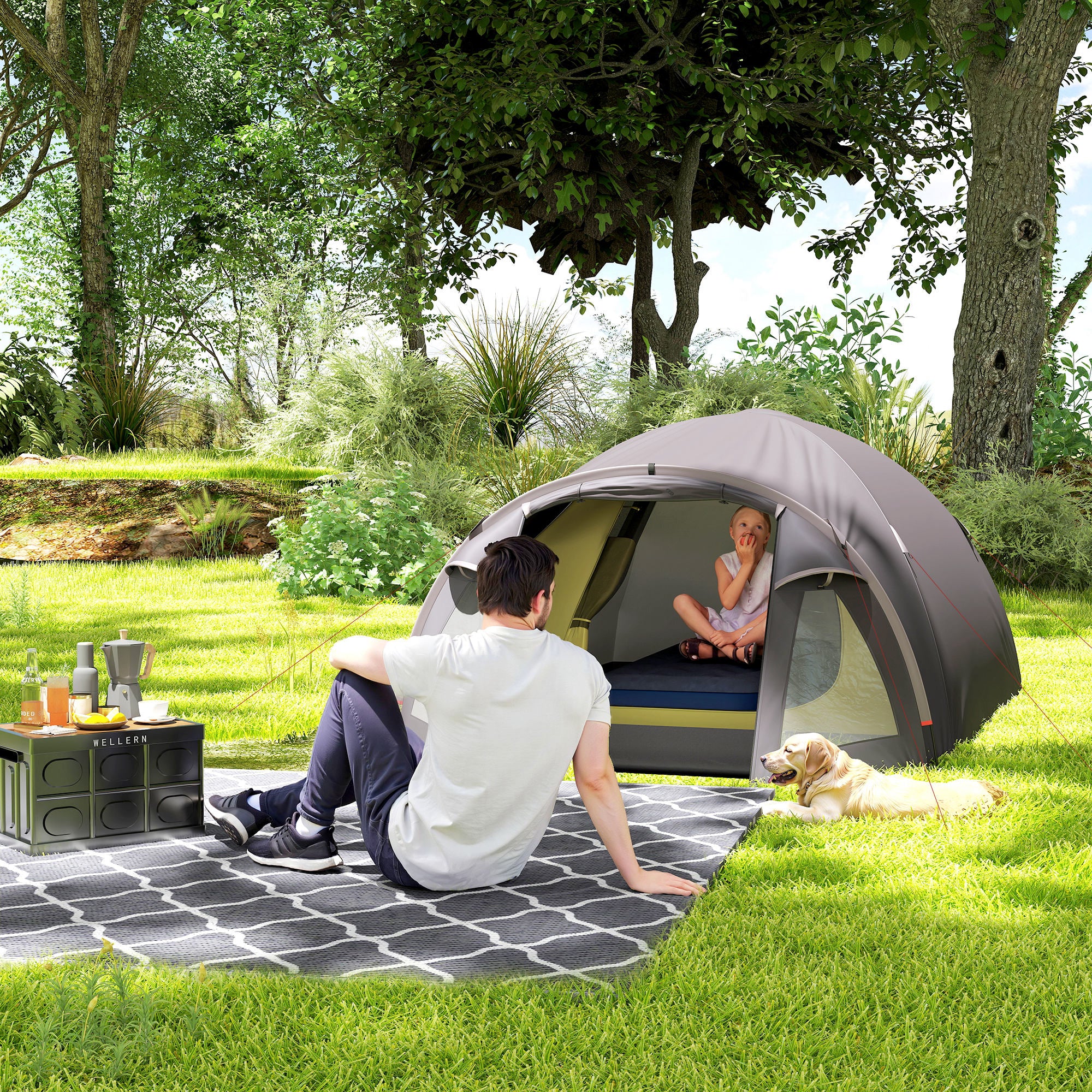 Outsunny Campingzelt für 4 Personen leicht, stabil UV 50+ Tunnelzelt mit Vordach Seitentür&Fenster Schwarz