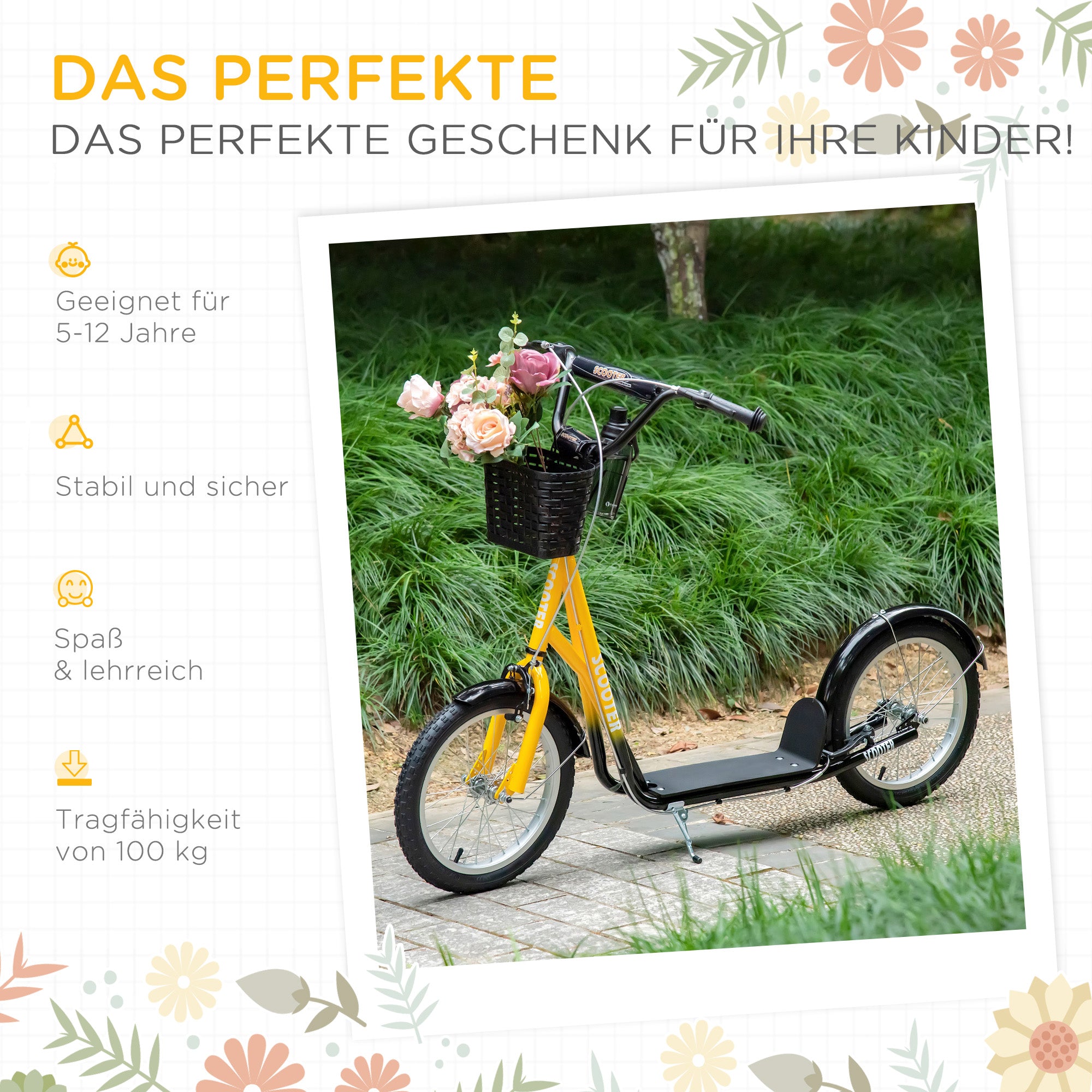 HOMCOM Kinder-Tretroller, höhenverstellbar, rutschfest, Stahlrahmen, abnehmbarer Korb, Bremsen, Gummireifen