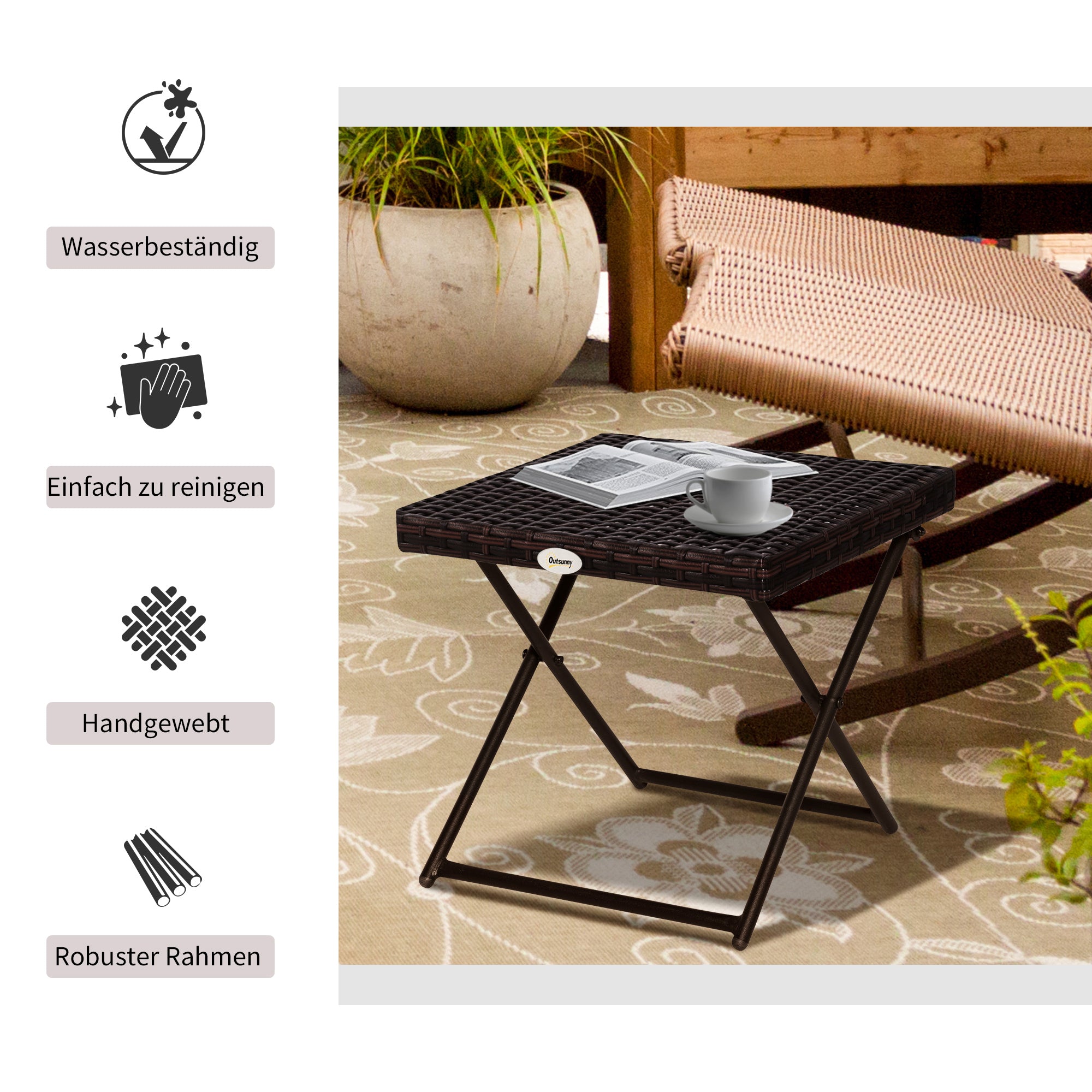 Outsunny Beistelltisch aus Polyrattan klappbar Kaffeetisch Couchtisch Tablett Balkontisch Gartentisch Sofatisch Teetisch Gartenmöbel Rattantisch für Garten Terrasse Balkon, 40x40x40cm Braun