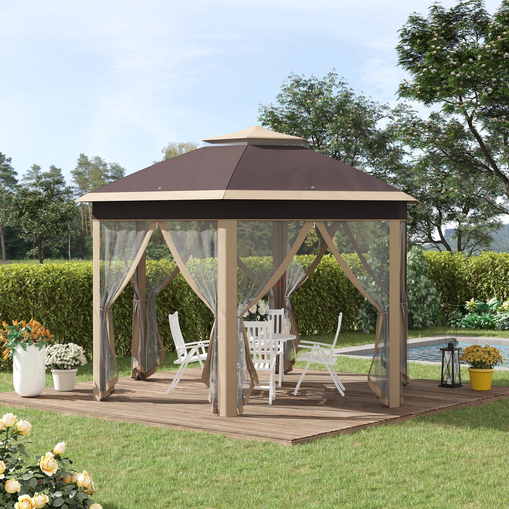 Outsunny Pavillon 4x4?m sechseckig mit Doppeldach Beige