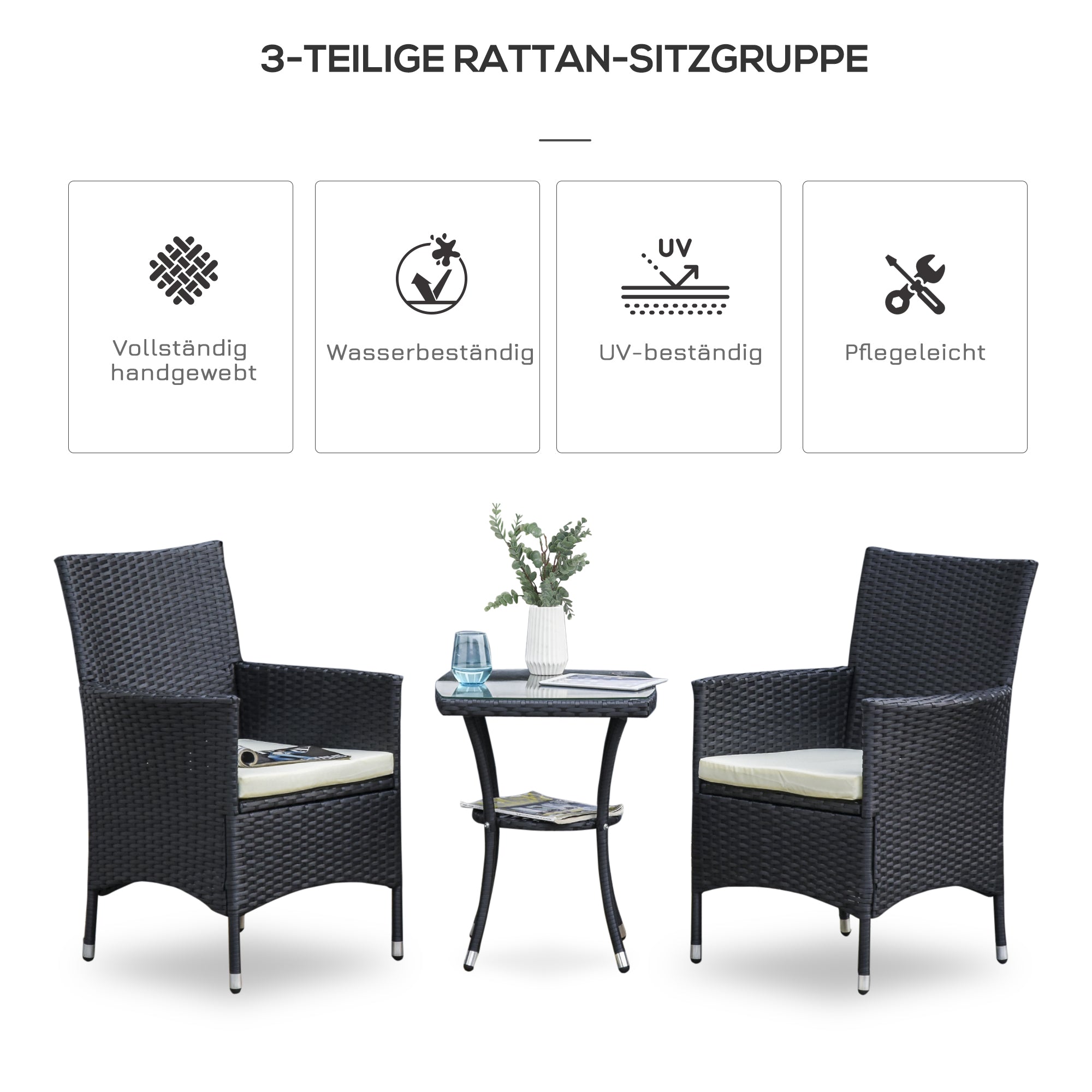 Outsunny Balkonmöbel Set für 2 Personen Sitzgruppe Rattan Gartenset Polyrattan Schwarz