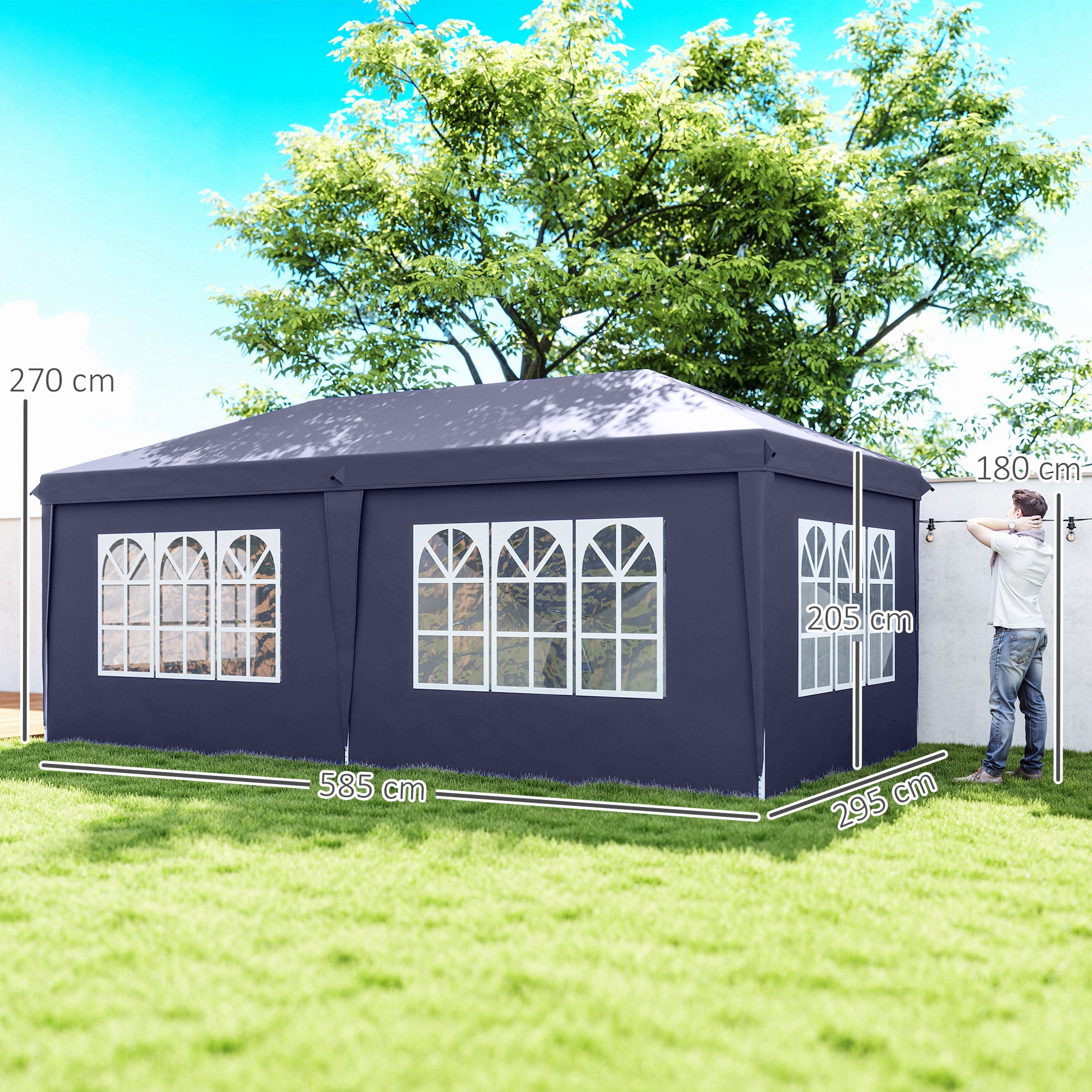Outsunny Faltpavillon 6 x 3 m, abnehmbare Seitenwände, große Fenster, Reißverschlusstüren, Stahlrahmen, Blau