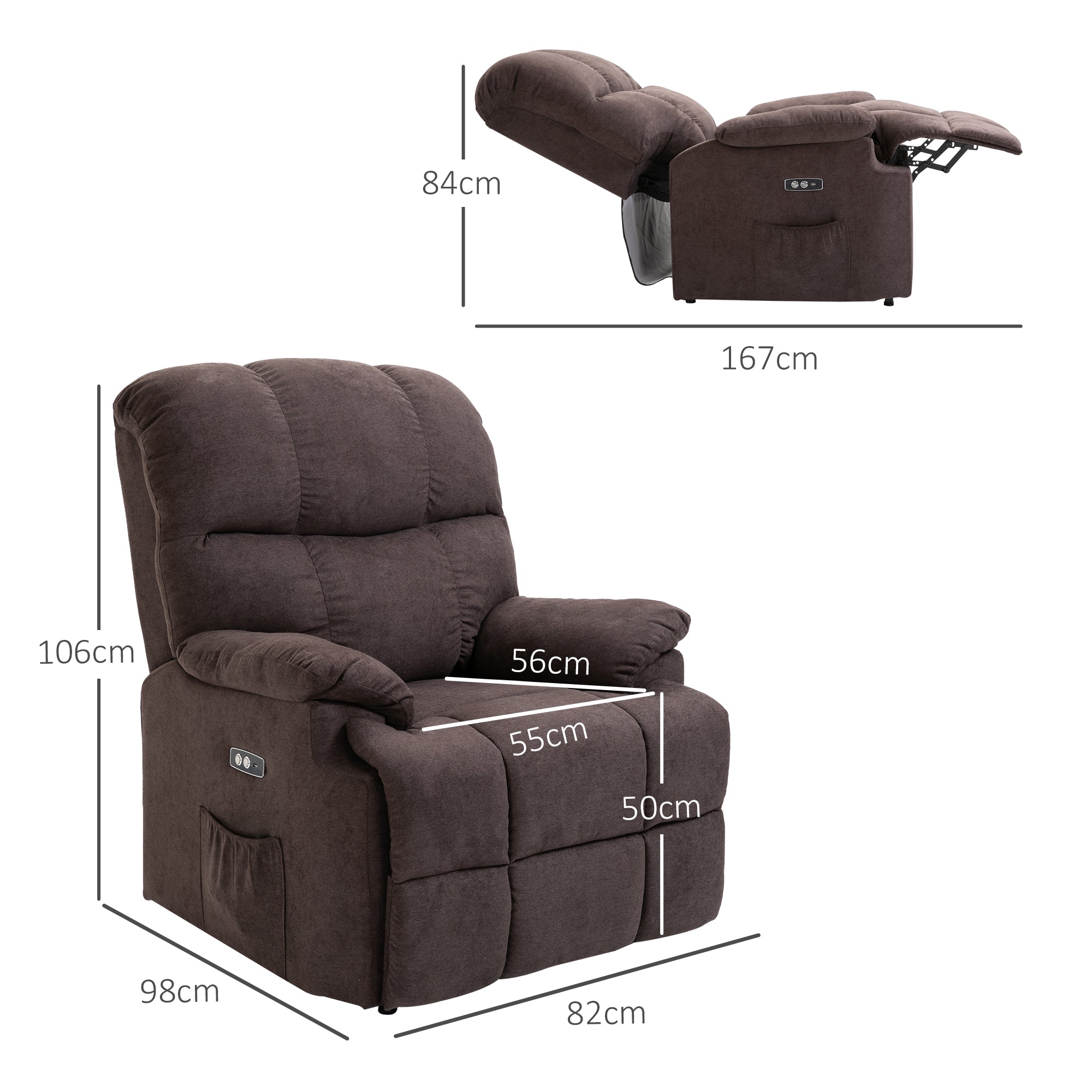 HOMCOM Relaxsessel, Neigbarer Aufstehsessel, verstellbar, mit USB-Anschluss, Seitentasche, Fußablage, Schaumstoff, Braun