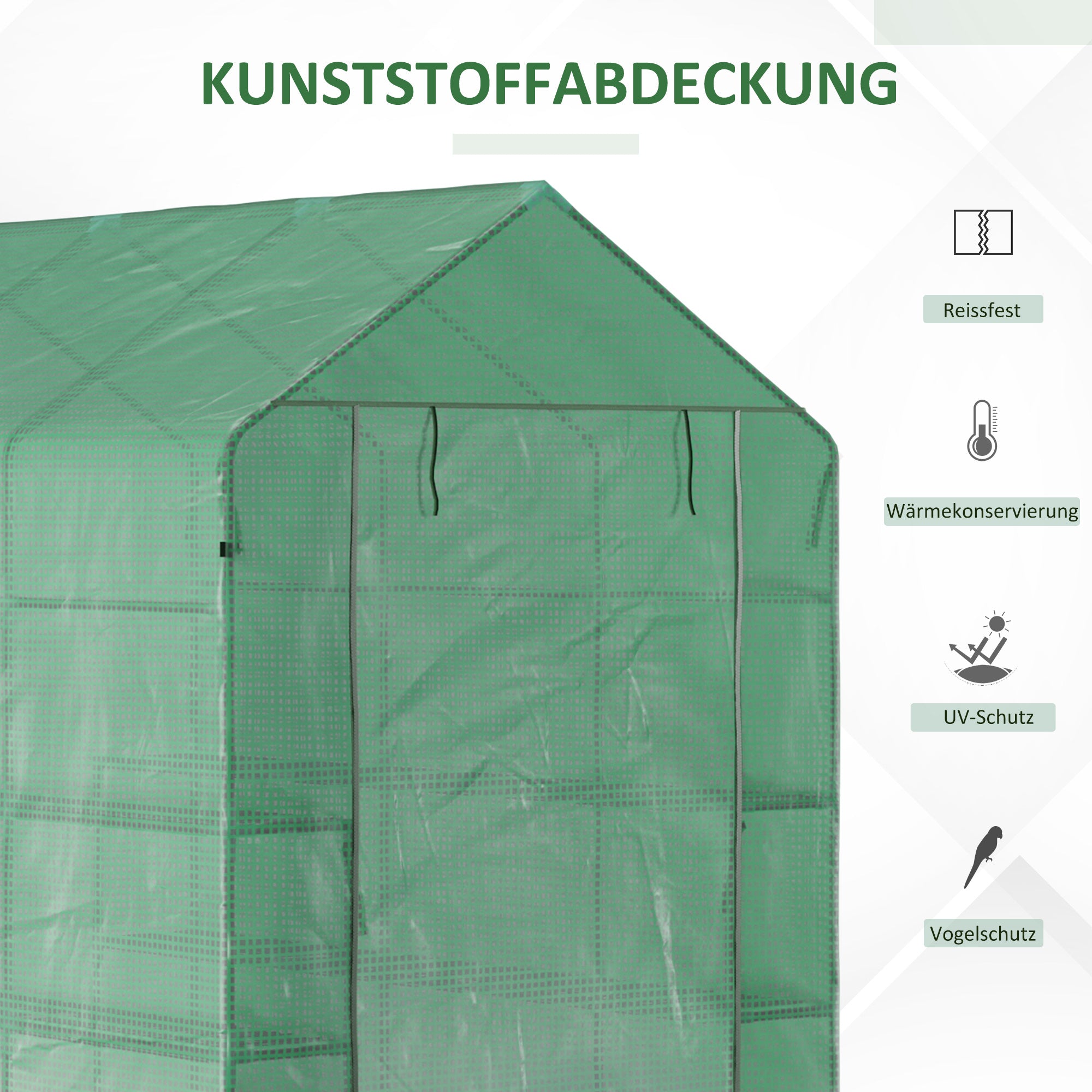 Outsunny Foliengewächshaus begehbares Gewächshaus mit 8 Regalebenen Tomatengewächshaus Treibhaus Frühbeet mit Tür Grün Stahl PE-Kunststoff 214 x 143 x 195 cm