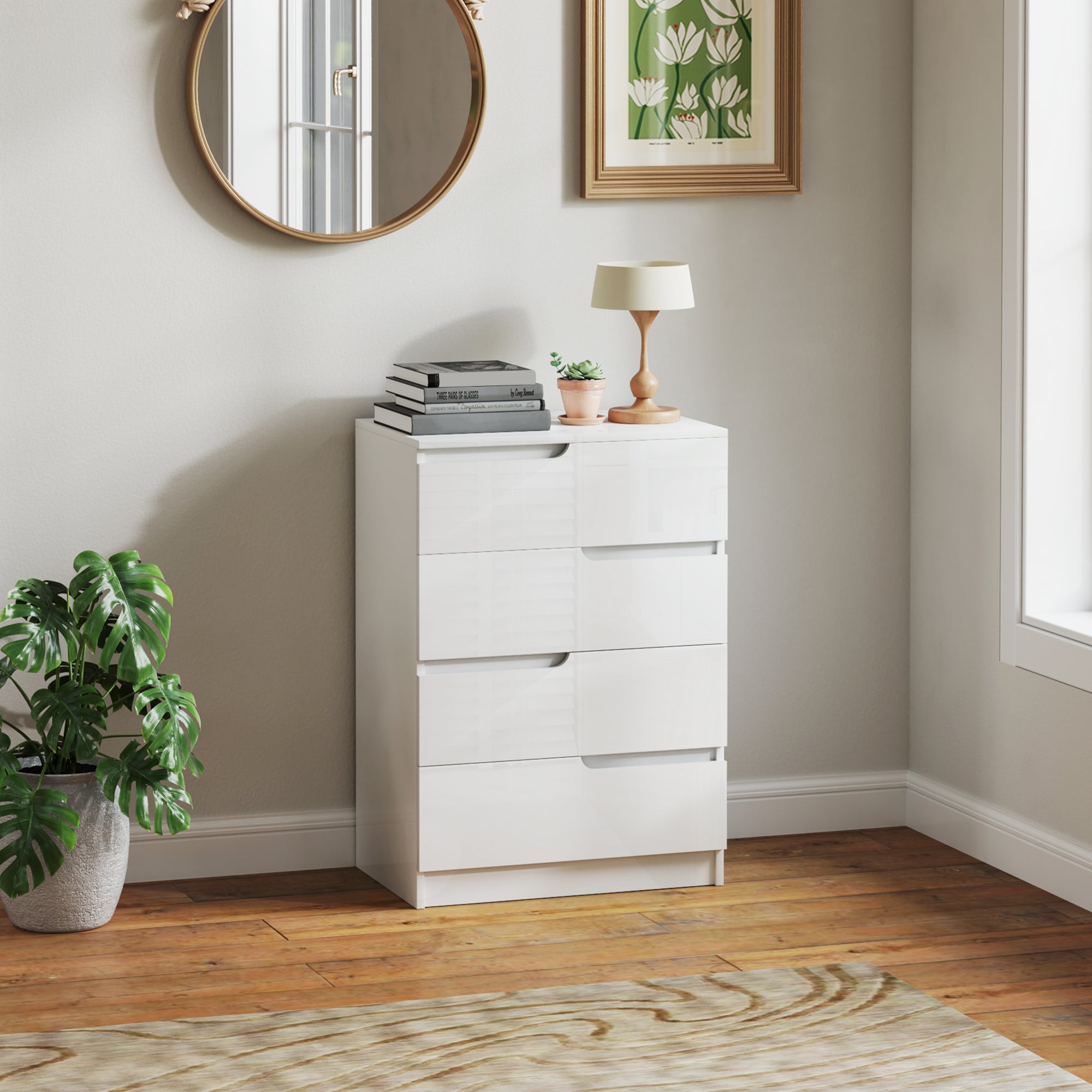 HOMCOM Moderne Kommode, Kleiderschrank, 4 Schubladen, Holz, Kippschutz, Fußpolster, Weiß