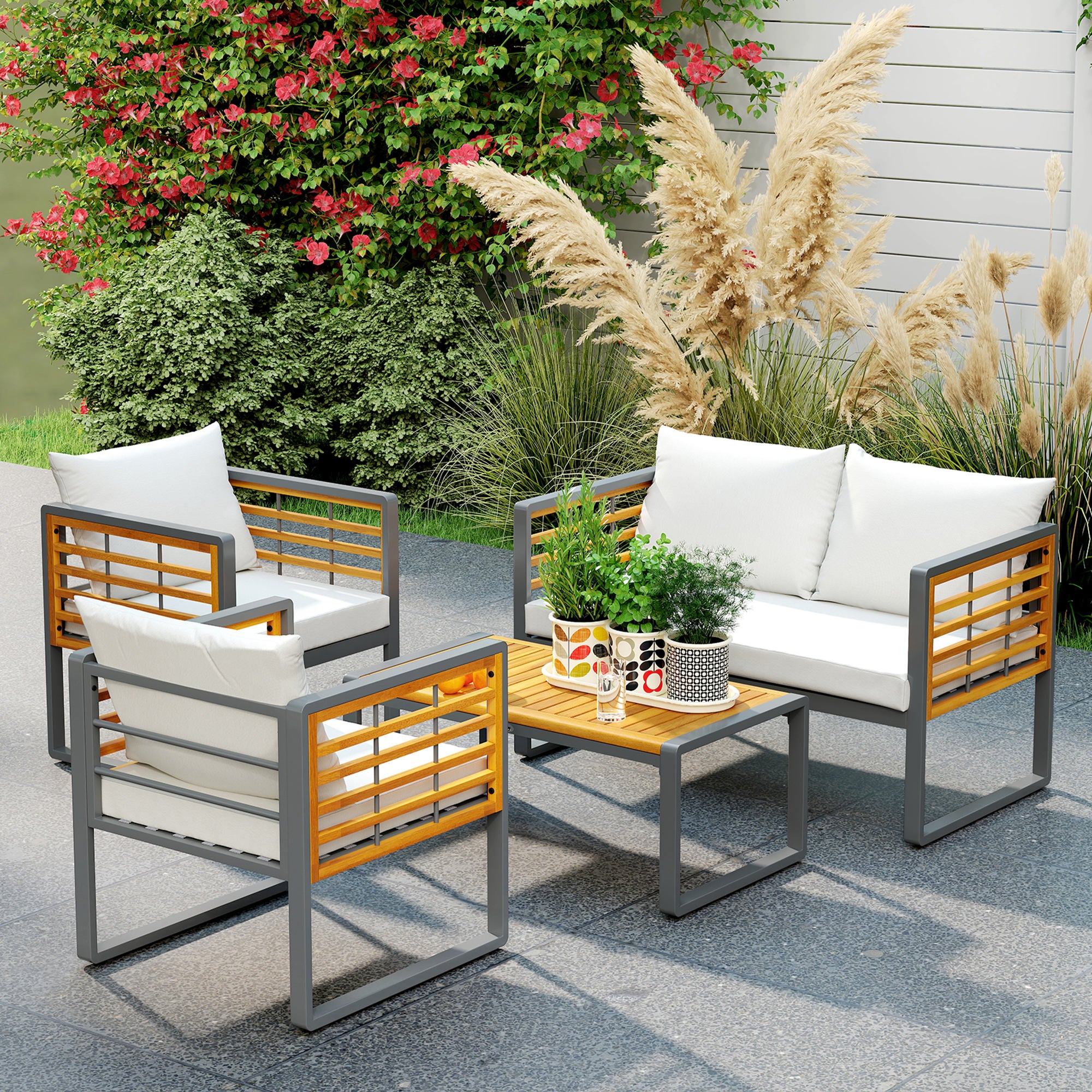 Outsunny 4-teiliges Gartenmöbel-Set, 2 Sessel, 1 Sofa, 1 Kaffeetisch, Sitzkissen, Akazienholz, Stahlgestell, Grau+Beige