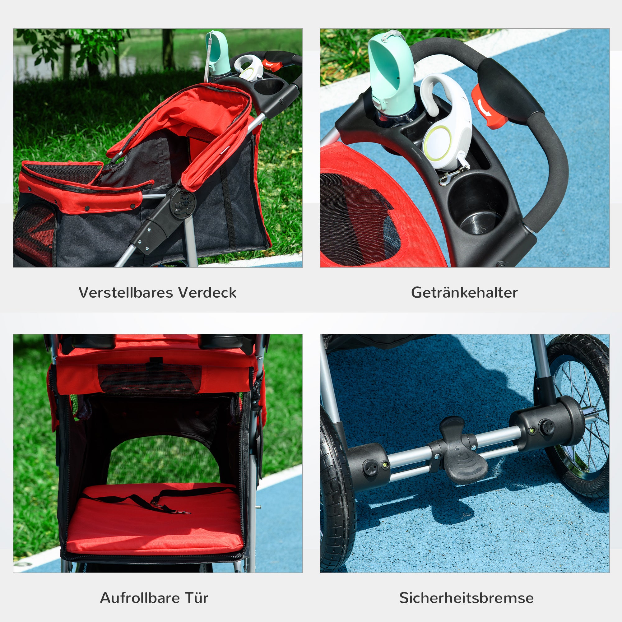 PawHut Hundewagen Hundebuggy mit 3 Rädern klappbar bis 10 kg Oxford Rot+Schwarz 109,5 x 54,5 x 106,5 cm