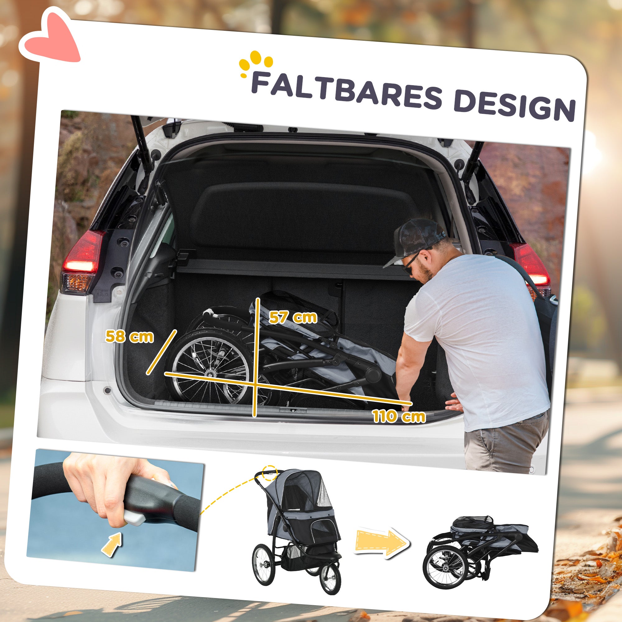 PawHut Hundewagen Hundetrolley mit Jogger-Funktion bis 20 kg Klappbar Netzfenster, Ablagekorb, Grau, 111 x 58 x 107 cm