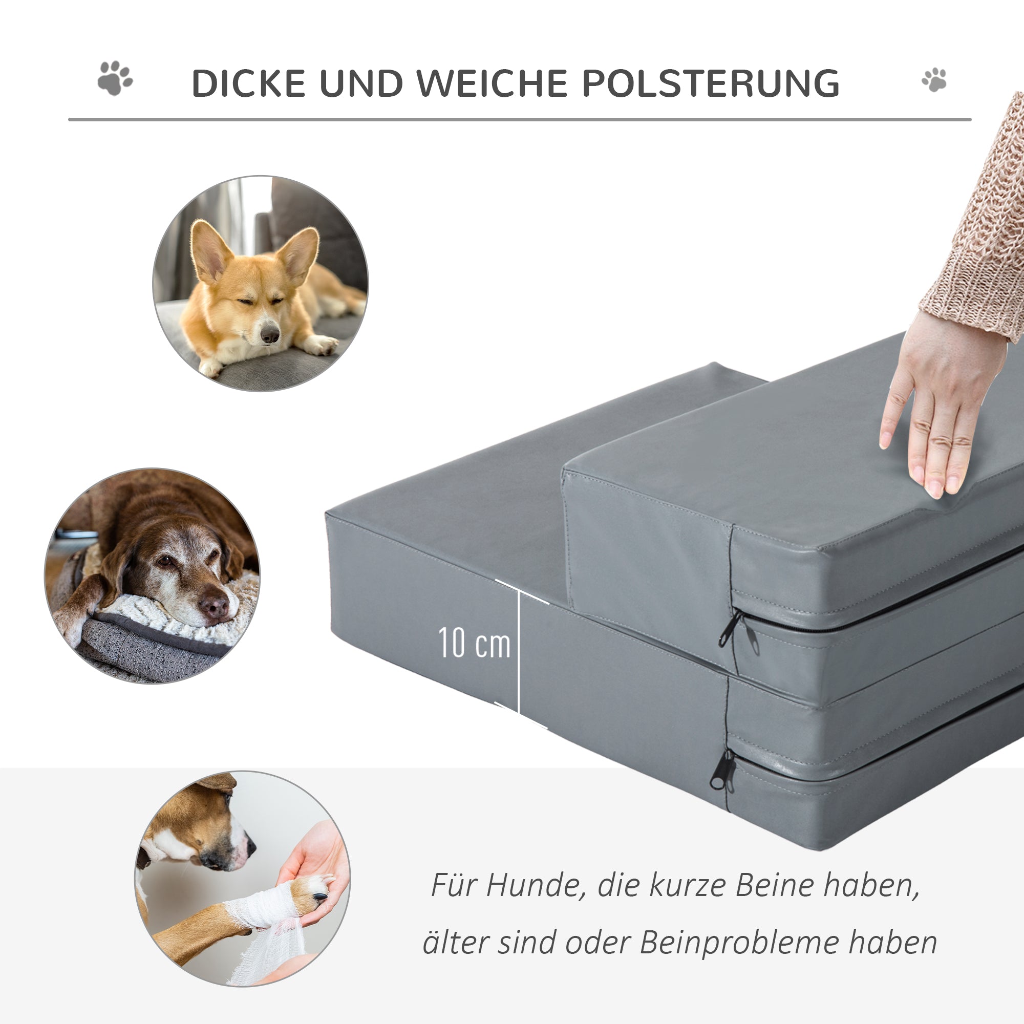 PawHut Haustiertreppe Tierunterlage 2 Stufen Klappbar bis 7 kg Hundetreppe Treppe Unterlage für Katzen und Hunde Grau L45 x B39 x H20 cm