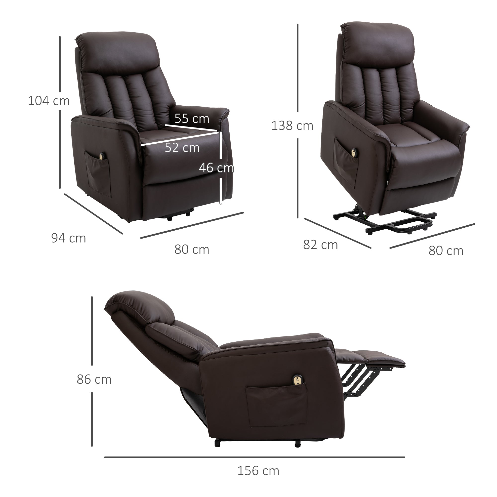 HOMCOM Relaxsessel Elektrisch Fernsehsessel mit Aufstehhilfe, Liegefunktion, TV Sessel mit Fußteil, Seitentasche, Fernbedienung, für Wohnzimmer, bis 150 kg, Kunstleder, Braun
