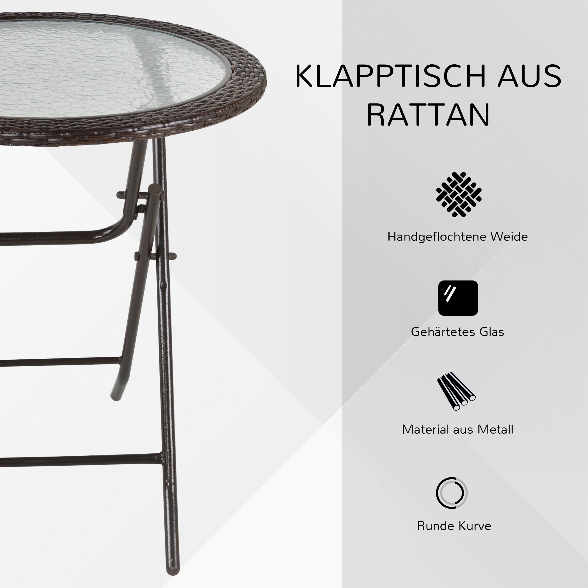 Outsunny Gartentisch, klappbar, Hartglastischplatte, Stahlrahmen, Rattan-Dekor, braun, 68 x 68 x 73 cm
