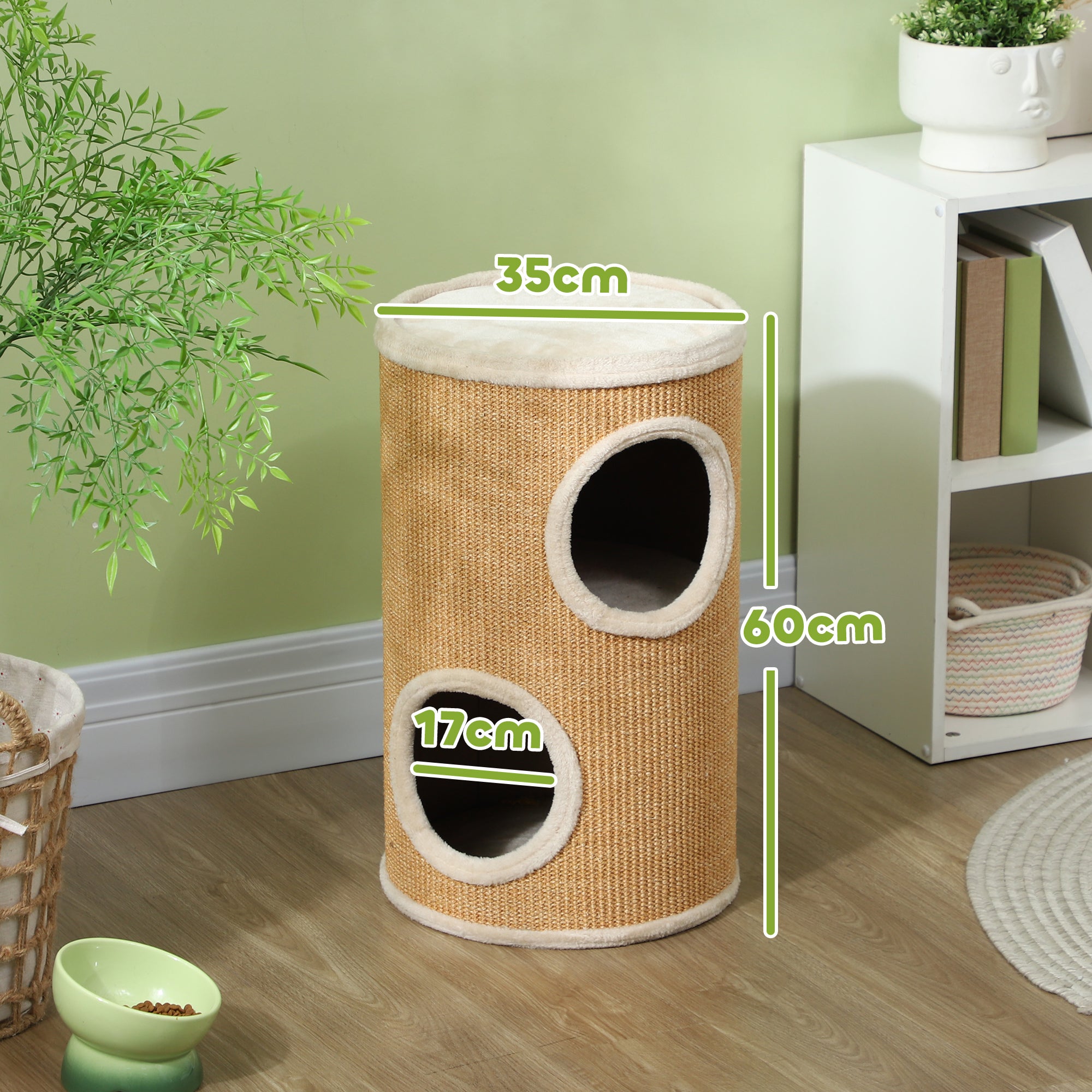 PawHut Katzenbaum mit viel Platz, Plüschbezug, Sisal-Oberfläche, Φ35 x 60H cm, Braun-Beige, 10 kg