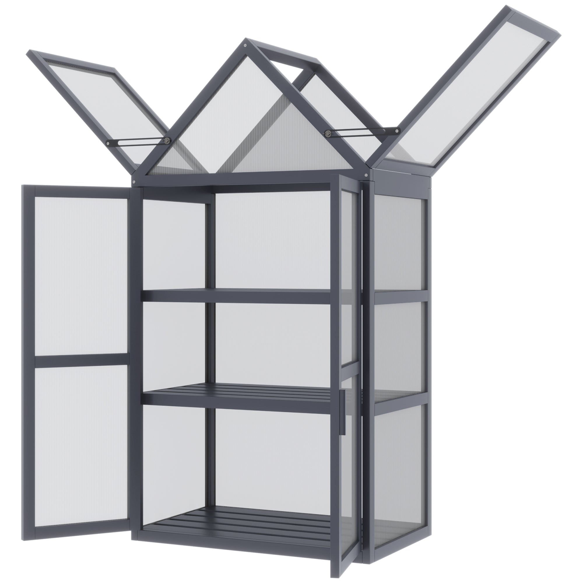 Outsunny Frühbeet Mini Gewächshaus 3 Ebenen Treibhaus Pflanzenbeet mit aufklappbarem Dach Doppeltüren aus Holz Polycarbonat wetterfest Natur 70,5 x 42 x 132 cm