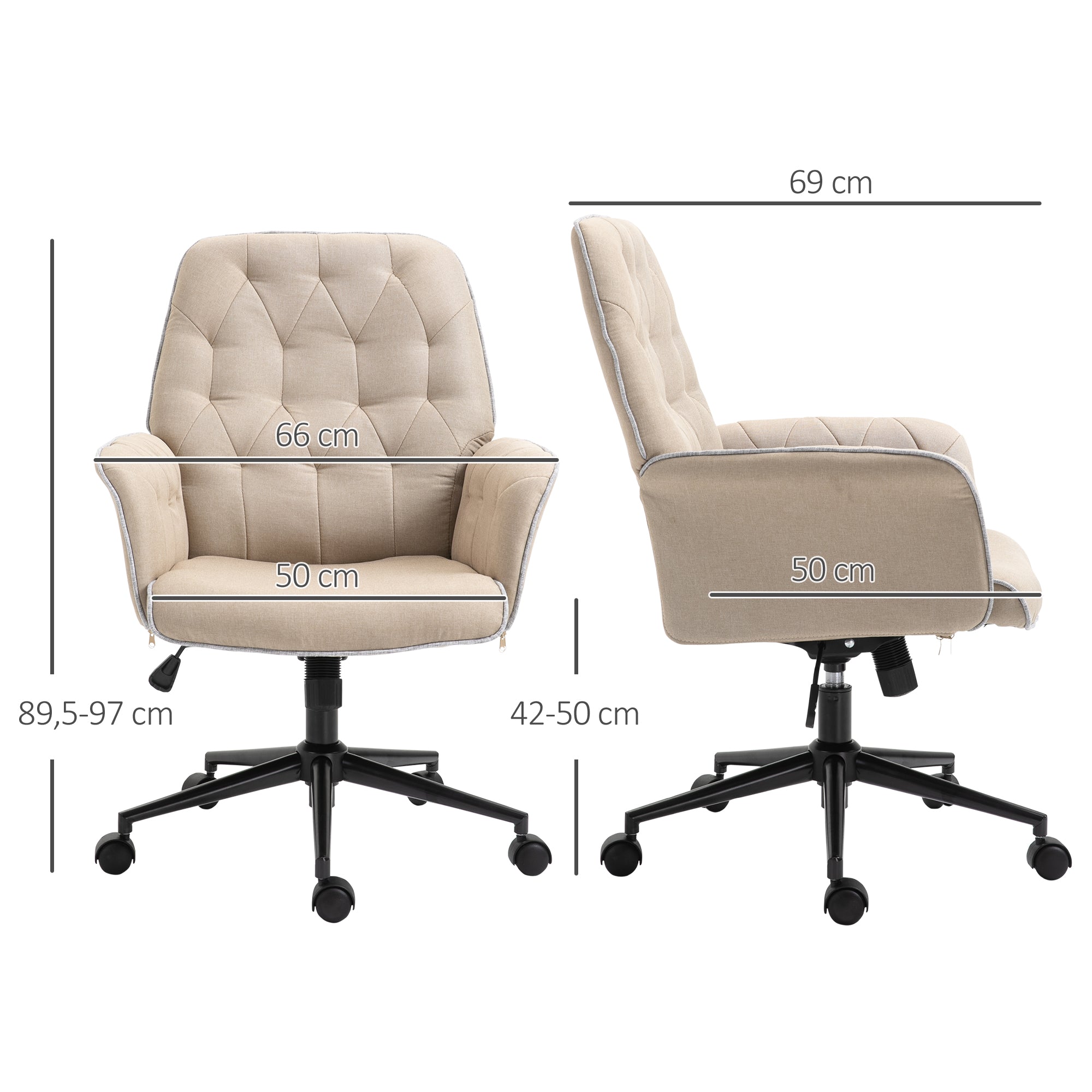 Vinsetto Bürostuhl mit Wippfunktion Drehstuhl Home-Office-Stuhl höhenverstellbarer Schreibtischstuhl Computerstuhl Arbeitsstuhl mit Armen 360°-Drehräder Schaumstoff Beige 66 x 69 x 89,5-97 cm