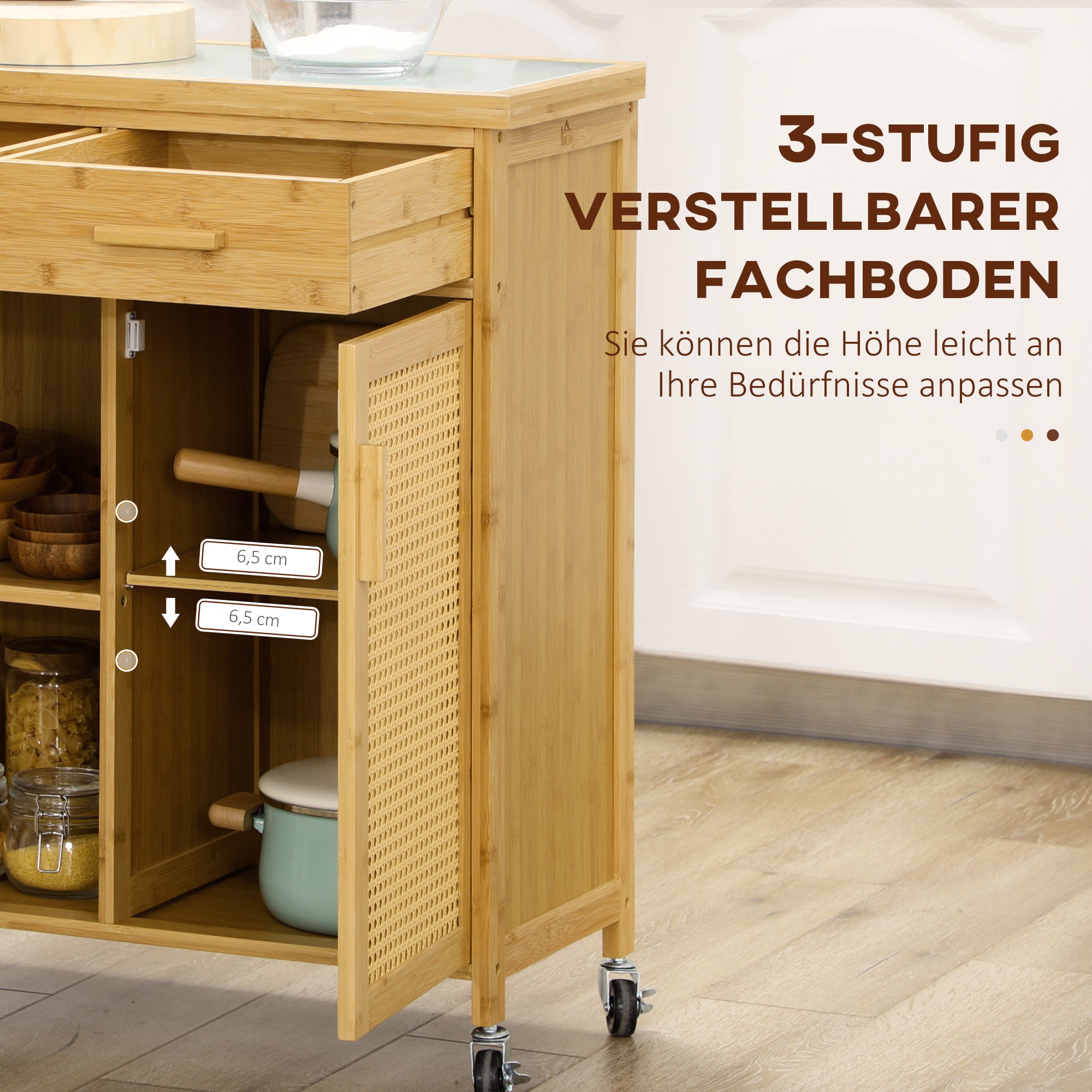 HOMCOM Küchenwagen aus Bambus, Mehrzweckwagen, Sevierwagen, 2 Schubladen, 1 Schrank,  2 Regale, Natur