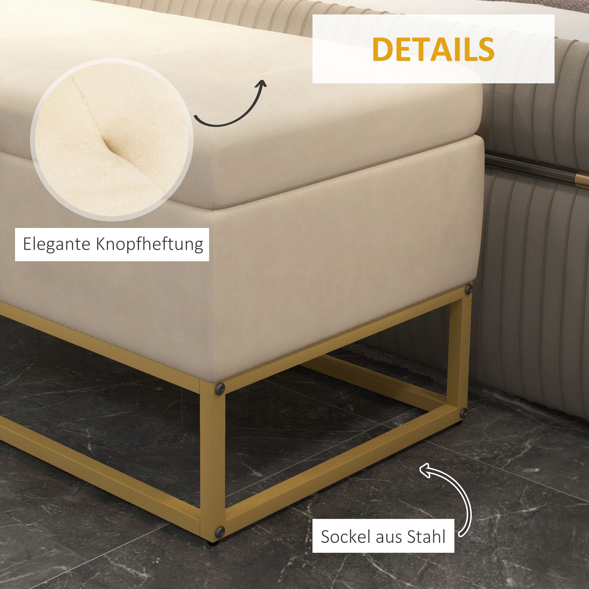 HOMCOM Sitzbank mit Stauraum, dekorative Knopfheftung, Flanelloptik, goldfarbene Stahlbeine, 110 x 47 x 46,5 cm