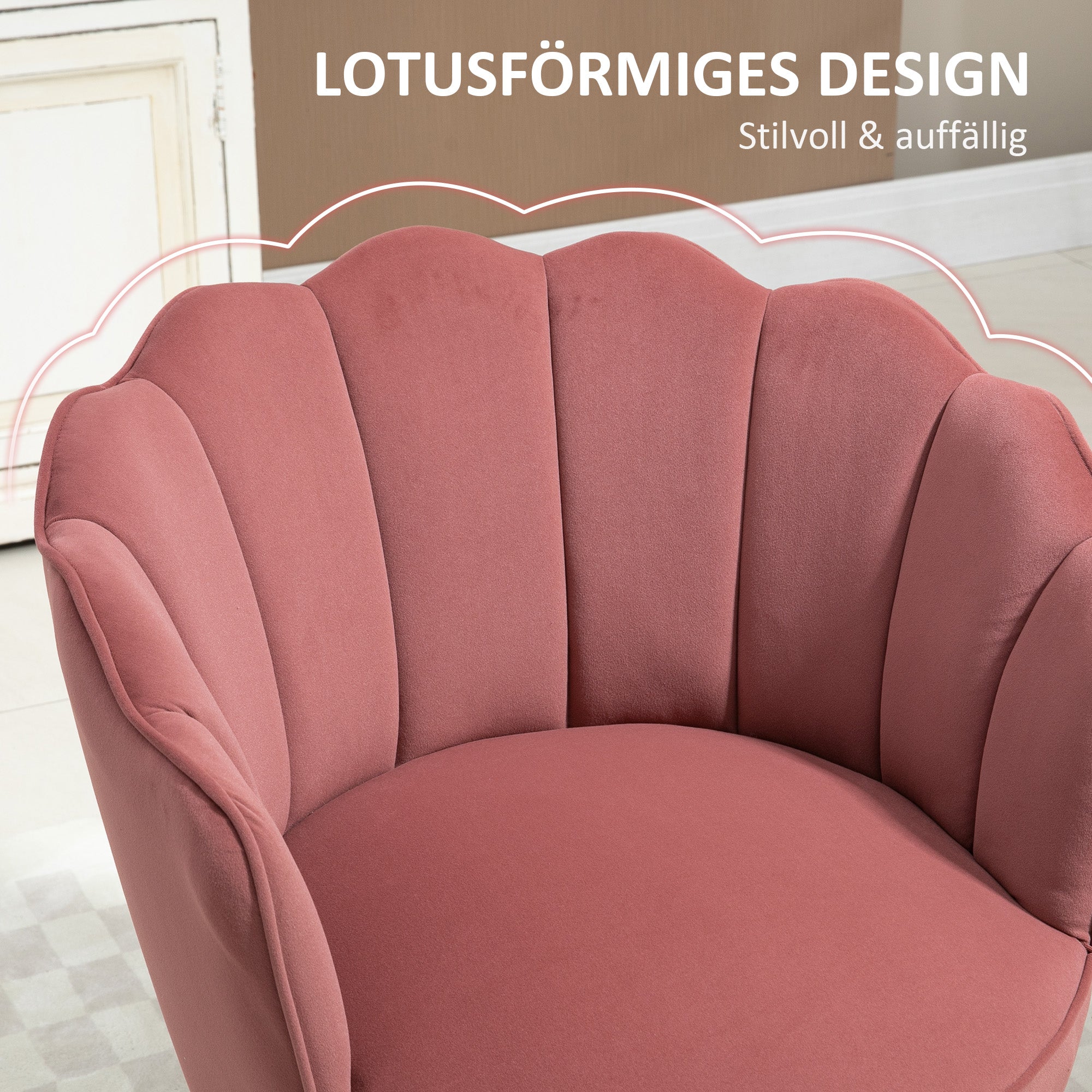 HOMCOM Sessel Wohnzimmer Loungesessel in Muschelform Relaxsessel mit Holzbeine, Polstersessel Lesesessel mit Samtoptik, Polsterstuhl für Schlafzimmer Rosa